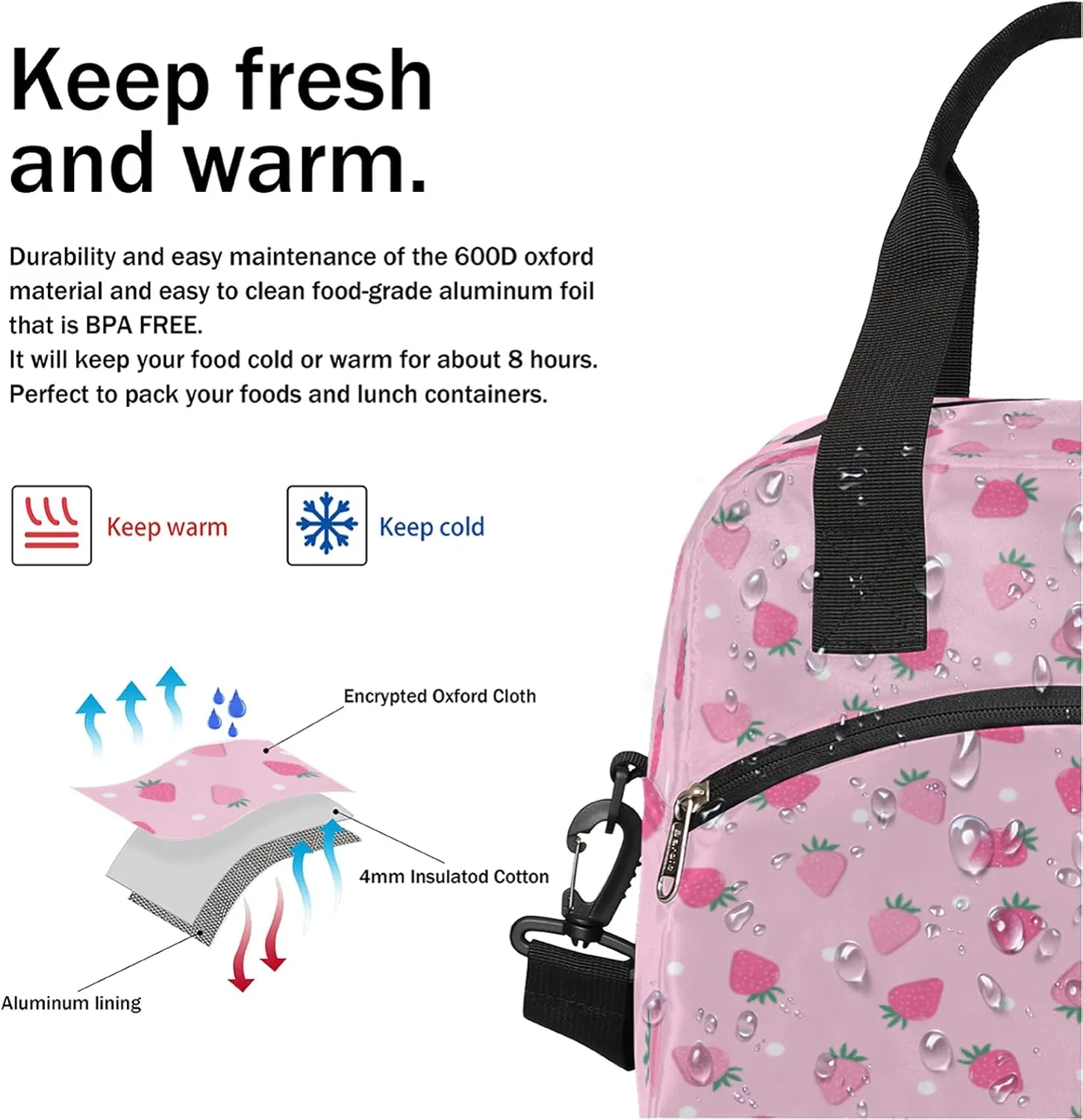 Insulated Lunch Bag for Women Girls Teens Pink Fruit Strawberry Lunch Box Reusable Leakproof Meal Prep Lunch Bag Cooler Tote Bag with Removable Adjustable Shoulder Strap for Travel Picnic Work School