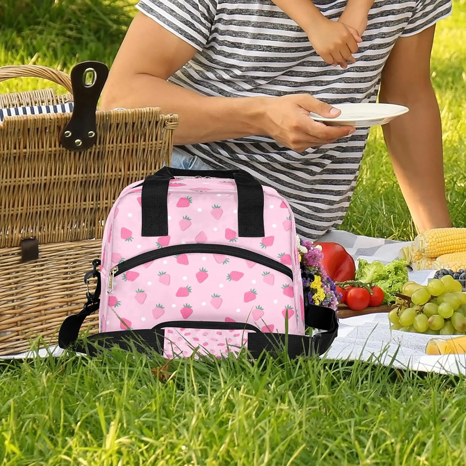 Insulated Lunch Bag for Women Girls Teens Pink Fruit Strawberry Lunch Box Reusable Leakproof Meal Prep Lunch Bag Cooler Tote Bag with Removable Adjustable Shoulder Strap for Travel Picnic Work School
