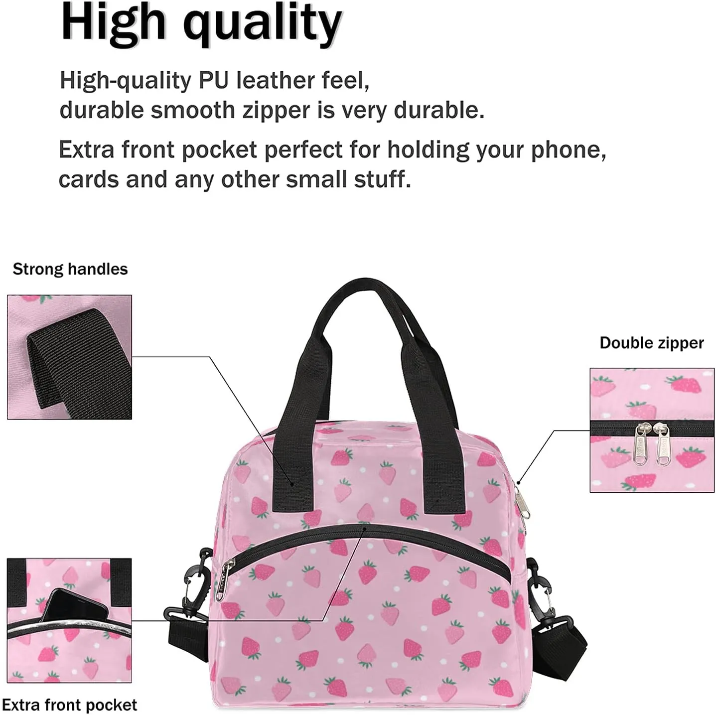 Insulated Lunch Bag for Women Girls Teens Pink Fruit Strawberry Lunch Box Reusable Leakproof Meal Prep Lunch Bag Cooler Tote Bag with Removable Adjustable Shoulder Strap for Travel Picnic Work School