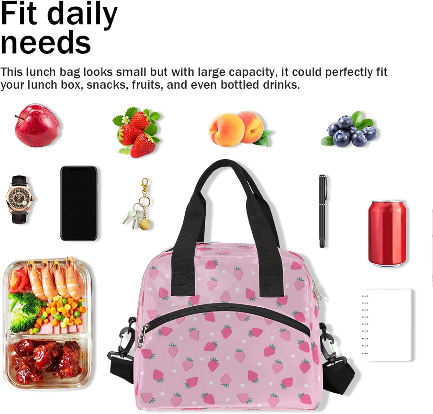 Insulated Lunch Bag for Women Girls Teens Pink Fruit Strawberry Lunch Box Reusable Leakproof Meal Prep Lunch Bag Cooler Tote Bag with Removable Adjustable Shoulder Strap for Travel Picnic Work School