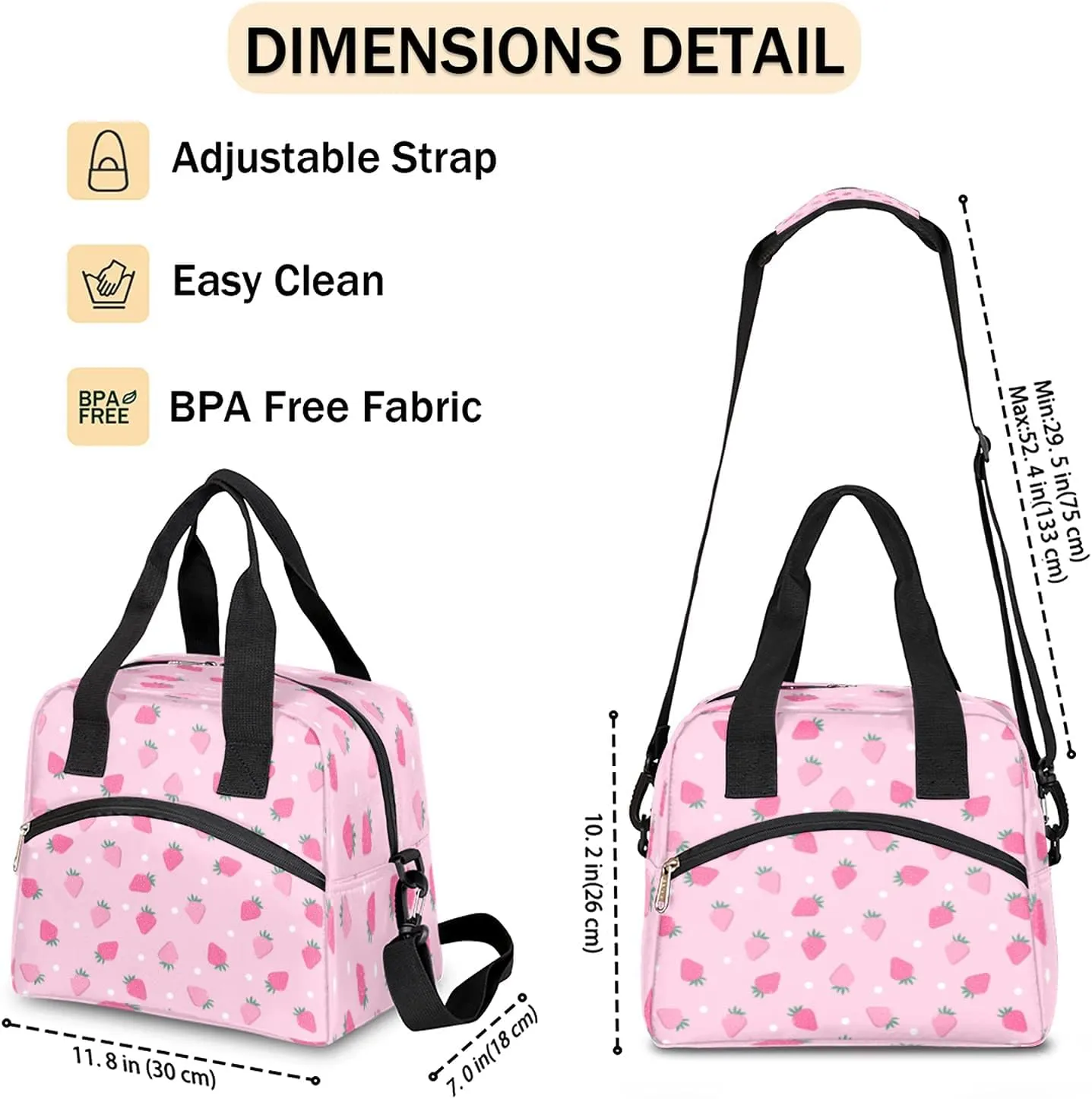 Insulated Lunch Bag for Women Girls Teens Pink Fruit Strawberry Lunch Box Reusable Leakproof Meal Prep Lunch Bag Cooler Tote Bag with Removable Adjustable Shoulder Strap for Travel Picnic Work School
