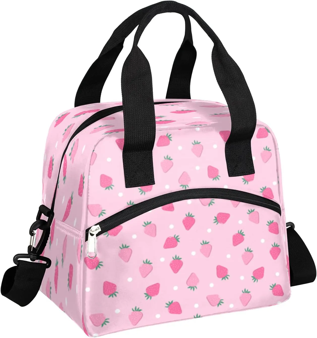 Insulated Lunch Bag for Women Girls Teens Pink Fruit Strawberry Lunch Box Reusable Leakproof Meal Prep Lunch Bag Cooler Tote Bag with Removable Adjustable Shoulder Strap for Travel Picnic Work School