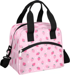 Insulated Lunch Bag for Women Girls Teens Pink Fruit Strawberry Lunch Box Reusable Leakproof Meal Prep Lunch Bag Cooler Tote Bag with Removable Adjustable Shoulder Strap for Travel Picnic Work School