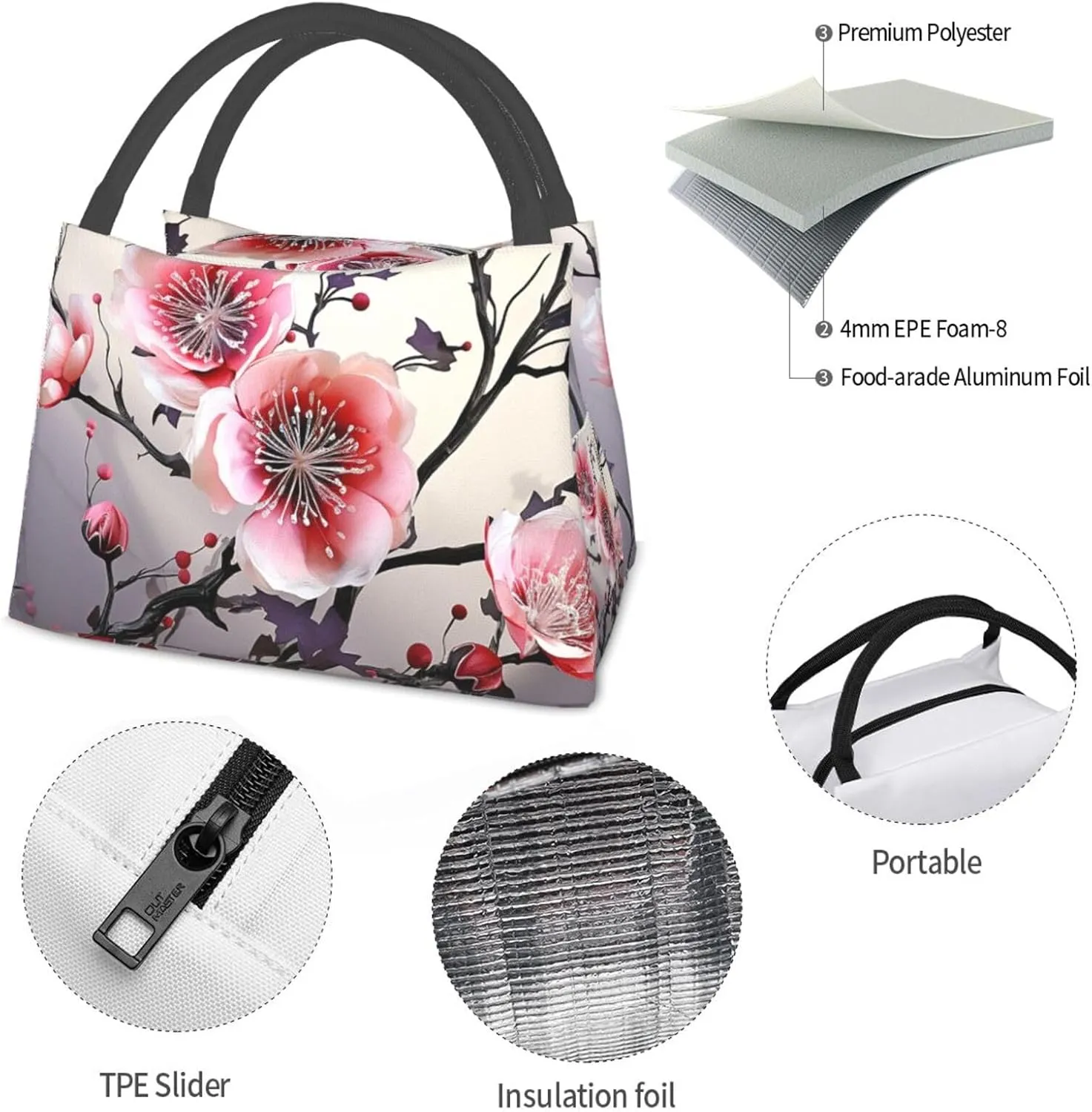Insulated Lunch Bag for Women Men Floral Temperate Zone Plant Lunch Box for Adult Reusable Lunch Tote Bag for Work Picnic Travel