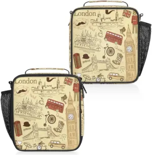Insulated Lunch Bag Reusable Waterproofing London Landmark Backdrop Lunch Box with Shoulder Strap Handle and Water Bottle Net Bag for Travel Camping Beach Picnic