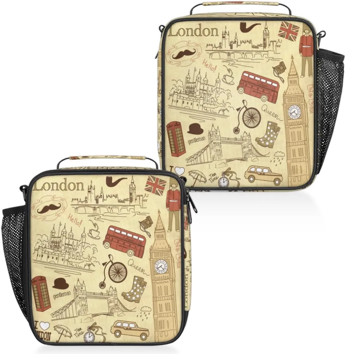 Insulated Lunch Bag Reusable Waterproofing London Landmark Backdrop Lunch Box with Shoulder Strap Handle and Water Bottle Net Bag for Travel Camping Beach Picnic