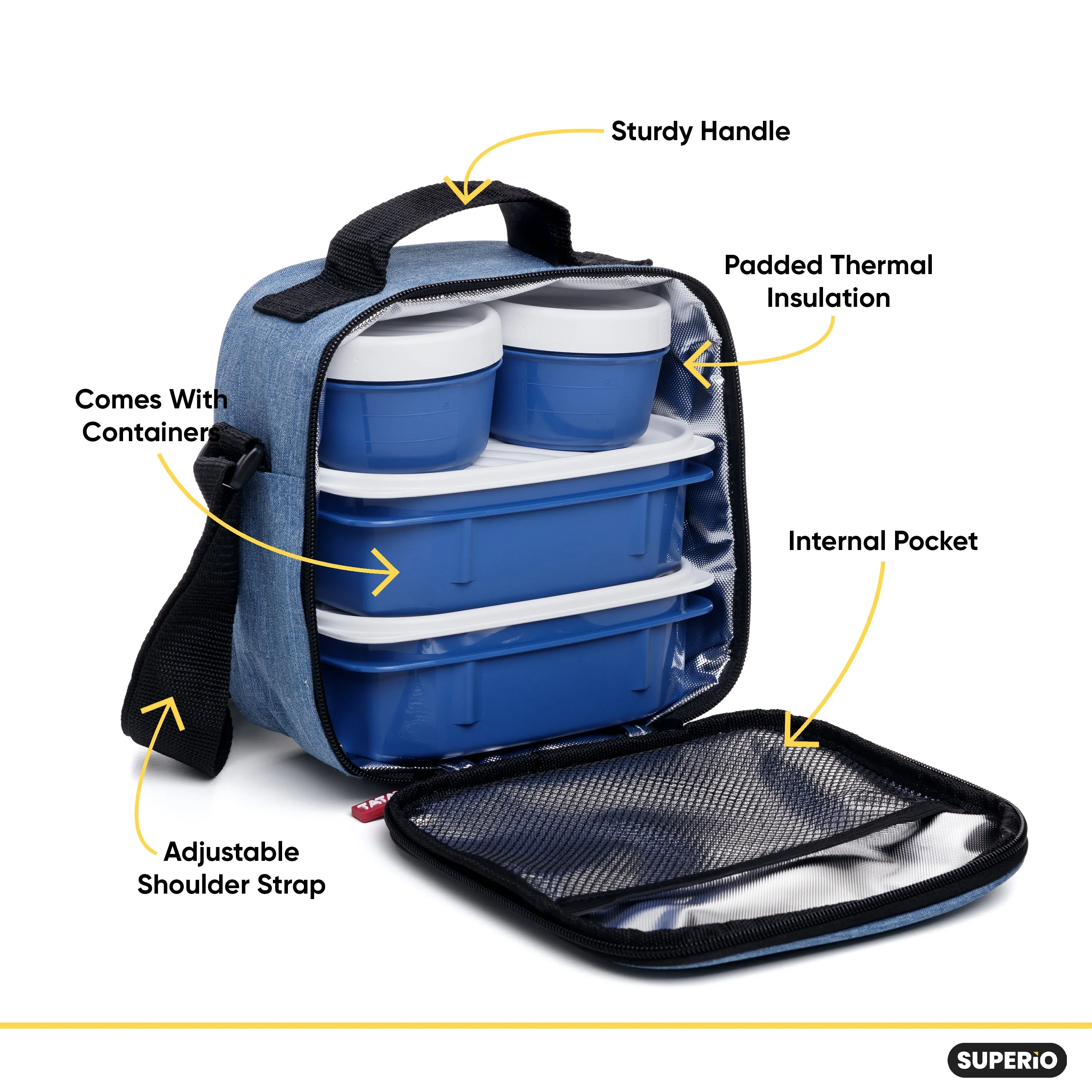 Insulated Lunch Bag with Food  Containers, Denim