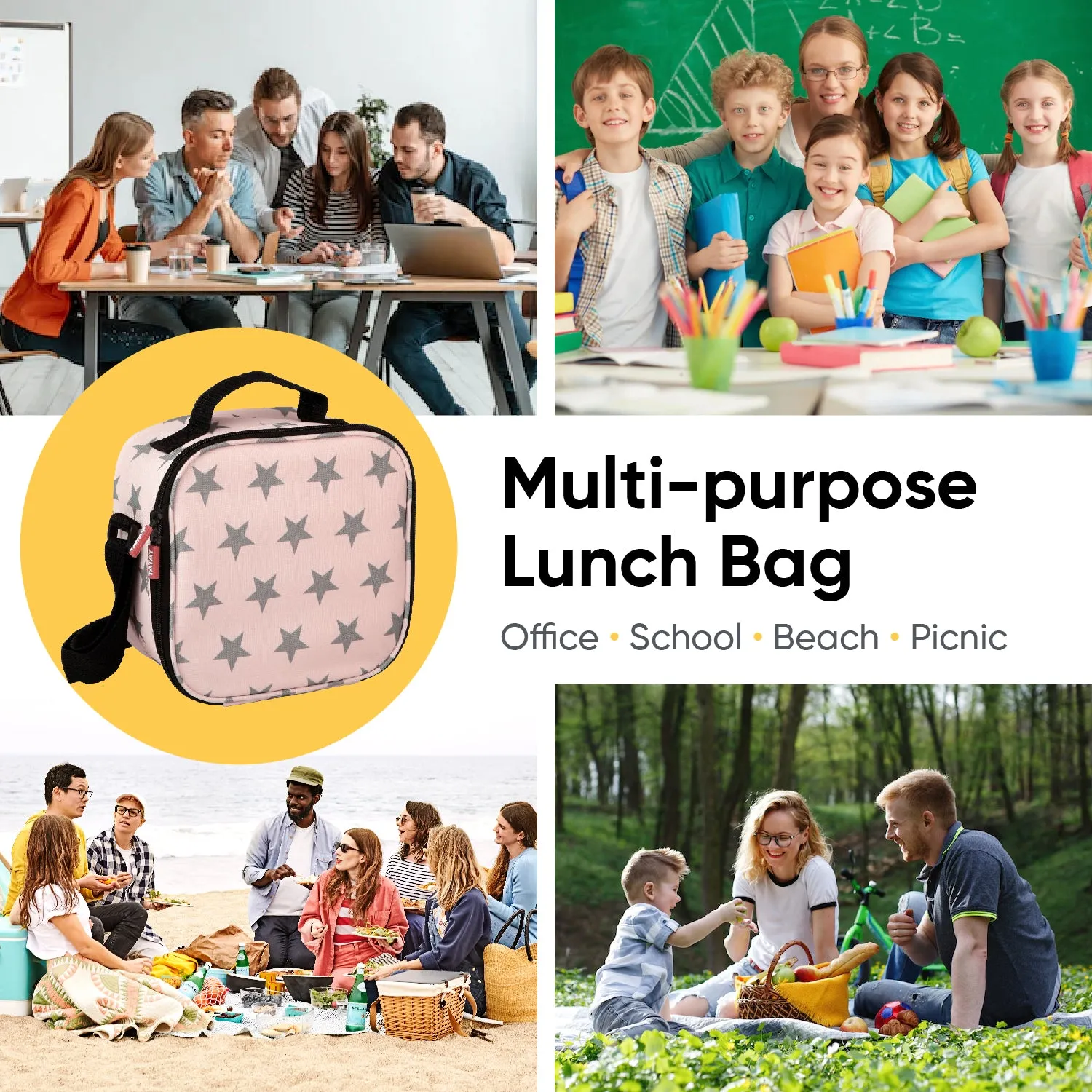 Insulated Lunch Bag with Food Containers, Pink Stars
