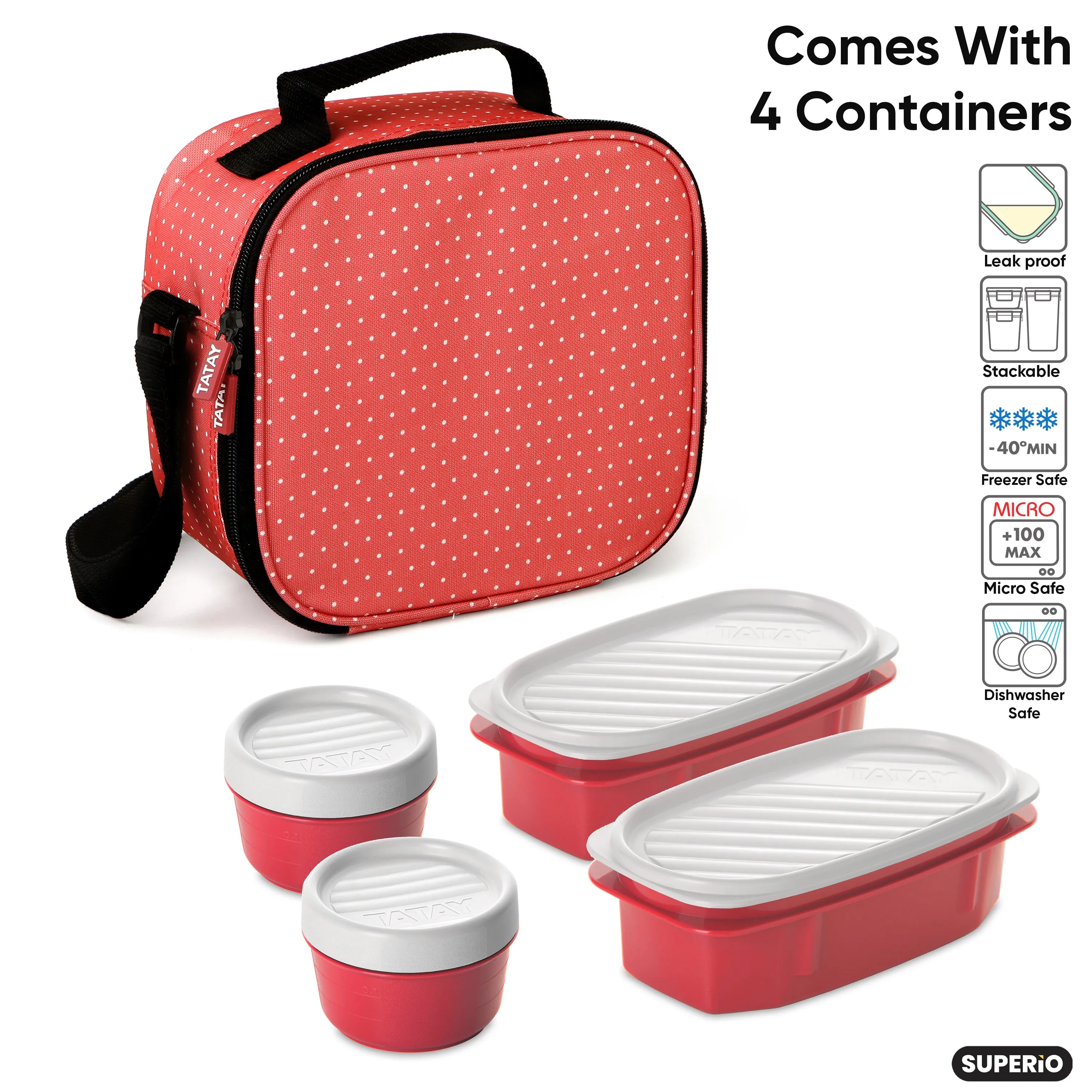 Insulated Lunch Bag with Food  Containers, Red Polka Dots