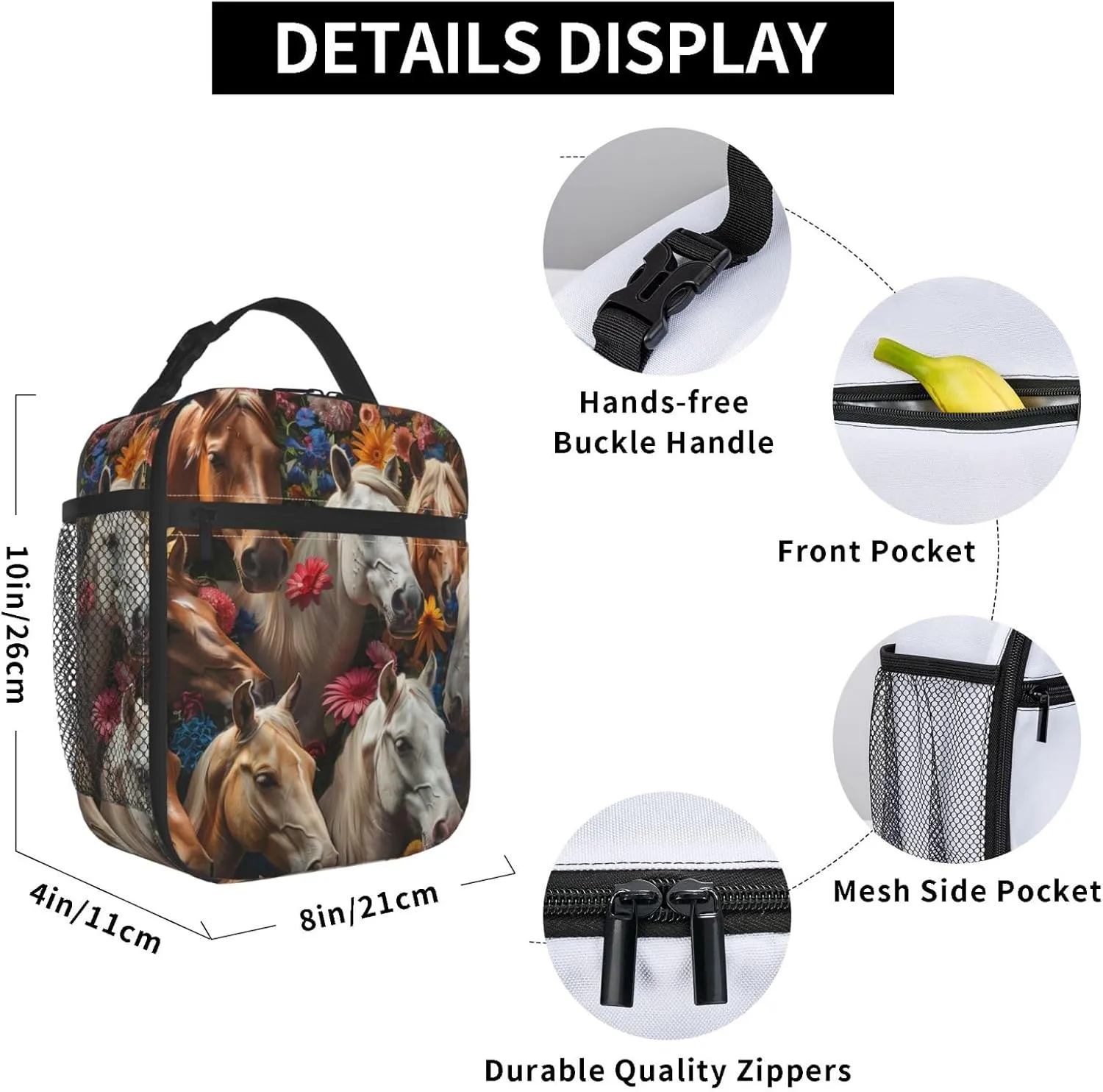 Insulated Lunch Box for Girls, Boys & Women - Polyester Horse Lunch Bag for Work, Picnic, School, Travel, Hiking, Beach or Fishing