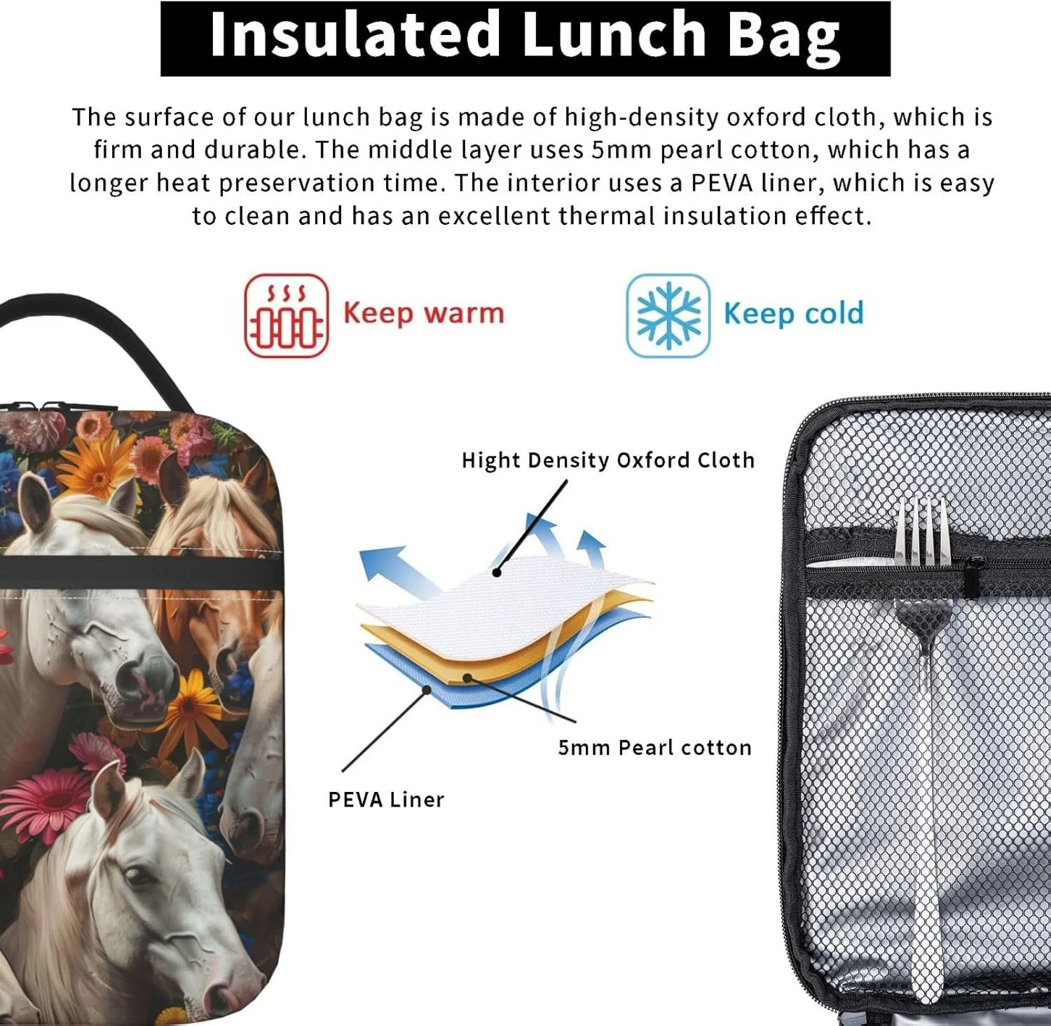 Insulated Lunch Box for Girls, Boys & Women - Polyester Horse Lunch Bag for Work, Picnic, School, Travel, Hiking, Beach or Fishing