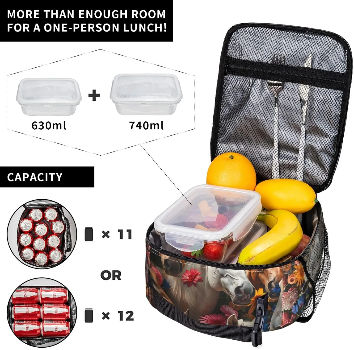 Insulated Lunch Box for Girls, Boys & Women - Polyester Horse Lunch Bag for Work, Picnic, School, Travel, Hiking, Beach or Fishing