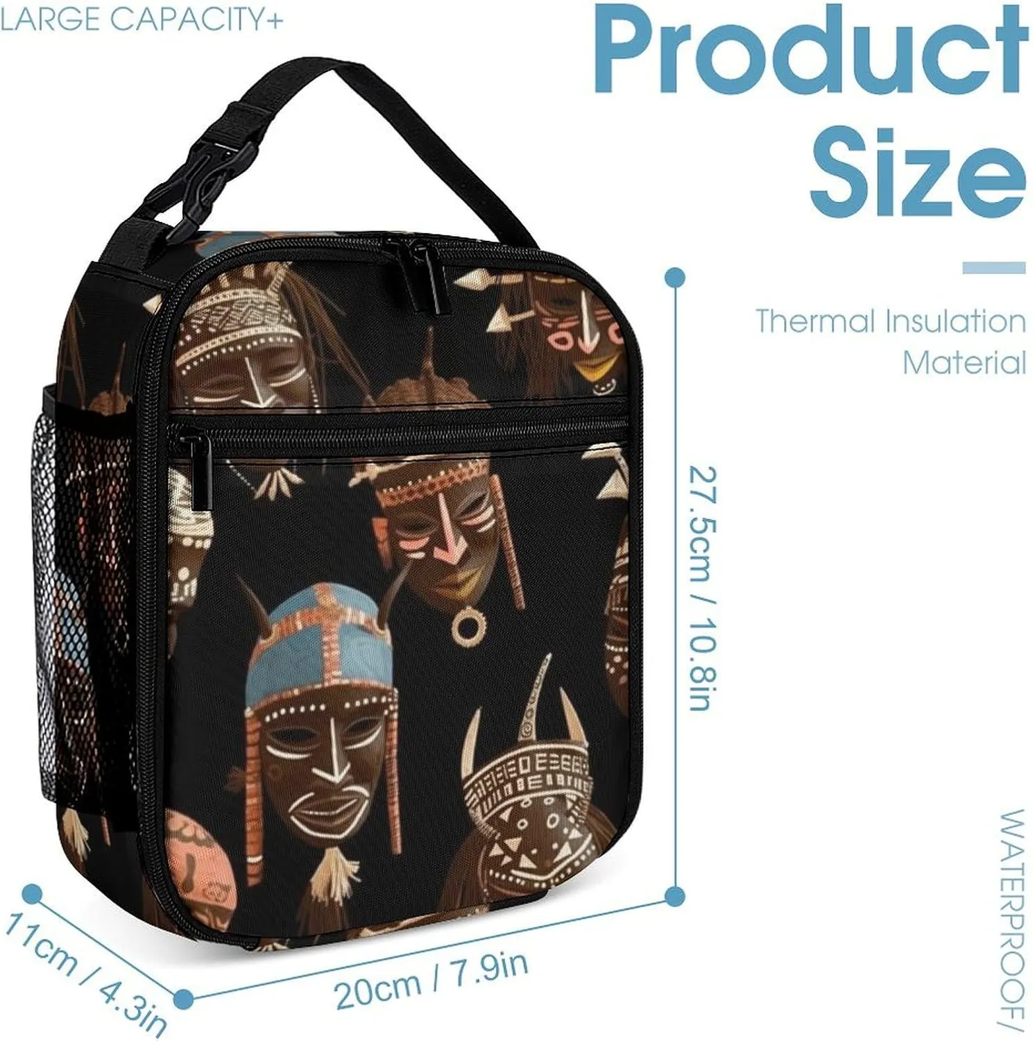 Insulated Lunch Box Portable Leakproof Lunch Bag Reusable African Ritual Ethnic Tribal Cooler Bag for Office Work Beach Picnic