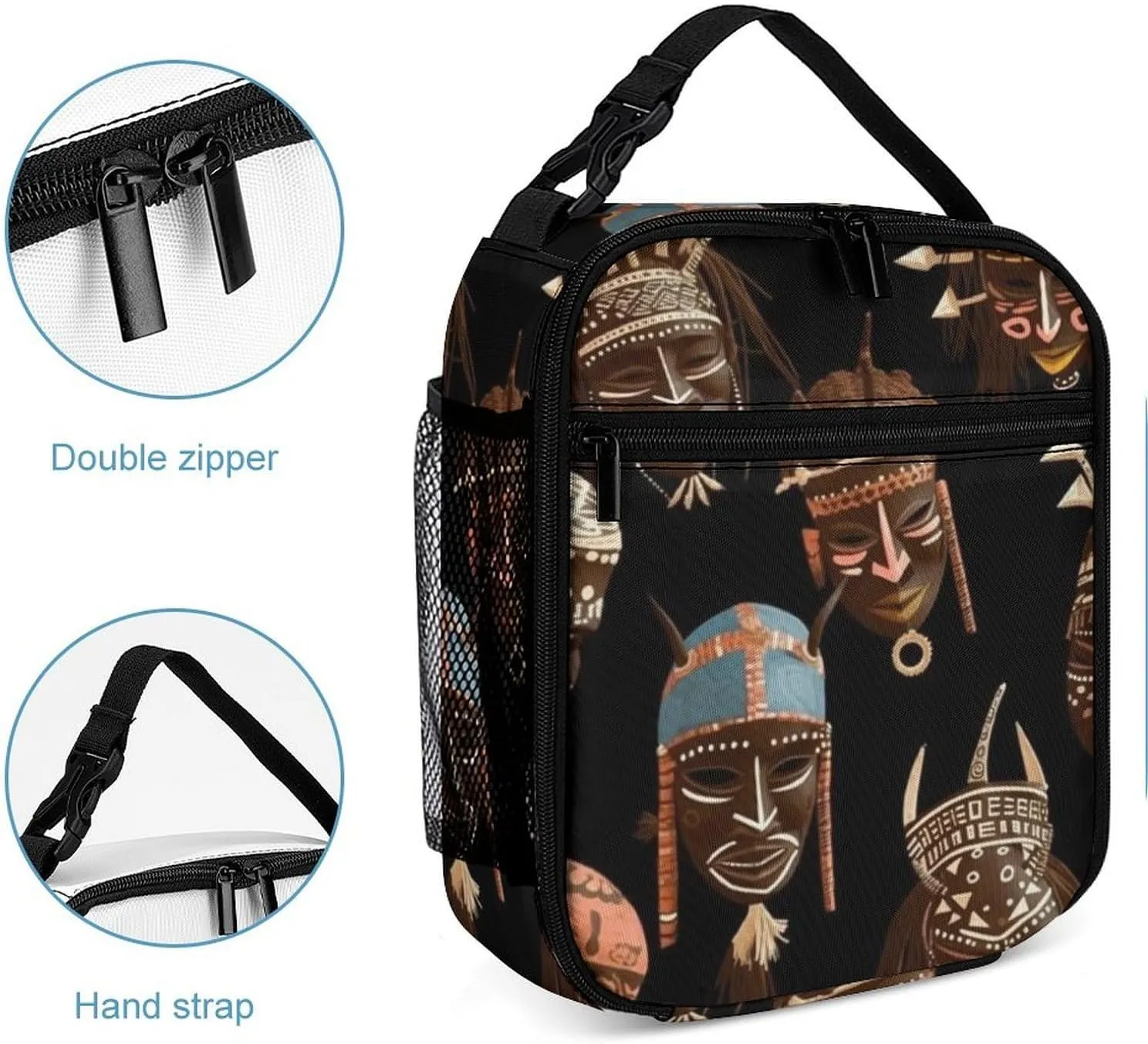 Insulated Lunch Box Portable Leakproof Lunch Bag Reusable African Ritual Ethnic Tribal Cooler Bag for Office Work Beach Picnic