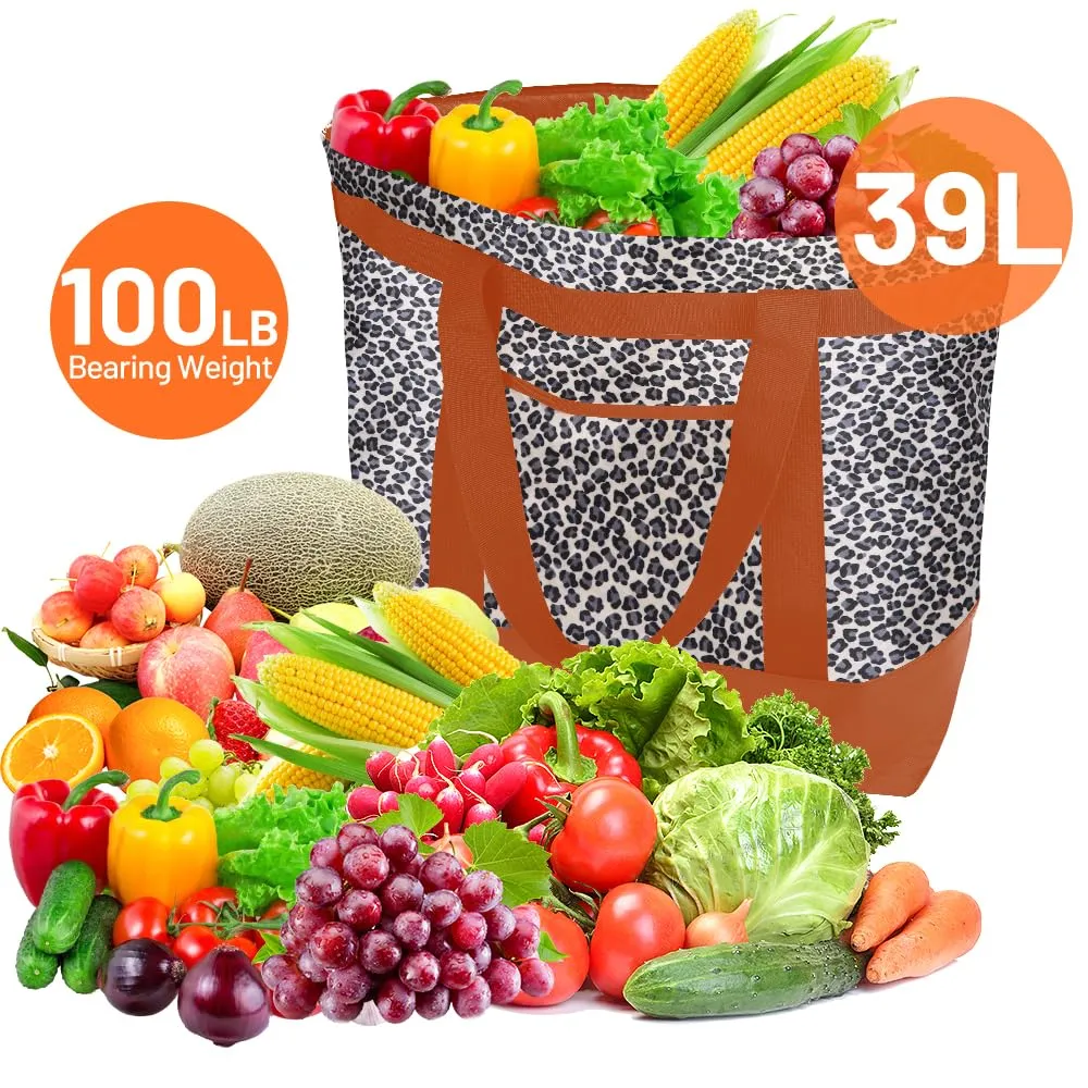 Insulated Reusable Tote Bag for Grocery Shopping for Women/Men, Pizza/Food Delivery Bag to Keep Food Cold/Hot for Uber Eats/Doordash/Grubub, Cooler bags for Travel/Beach/Picnic, Cow Print
