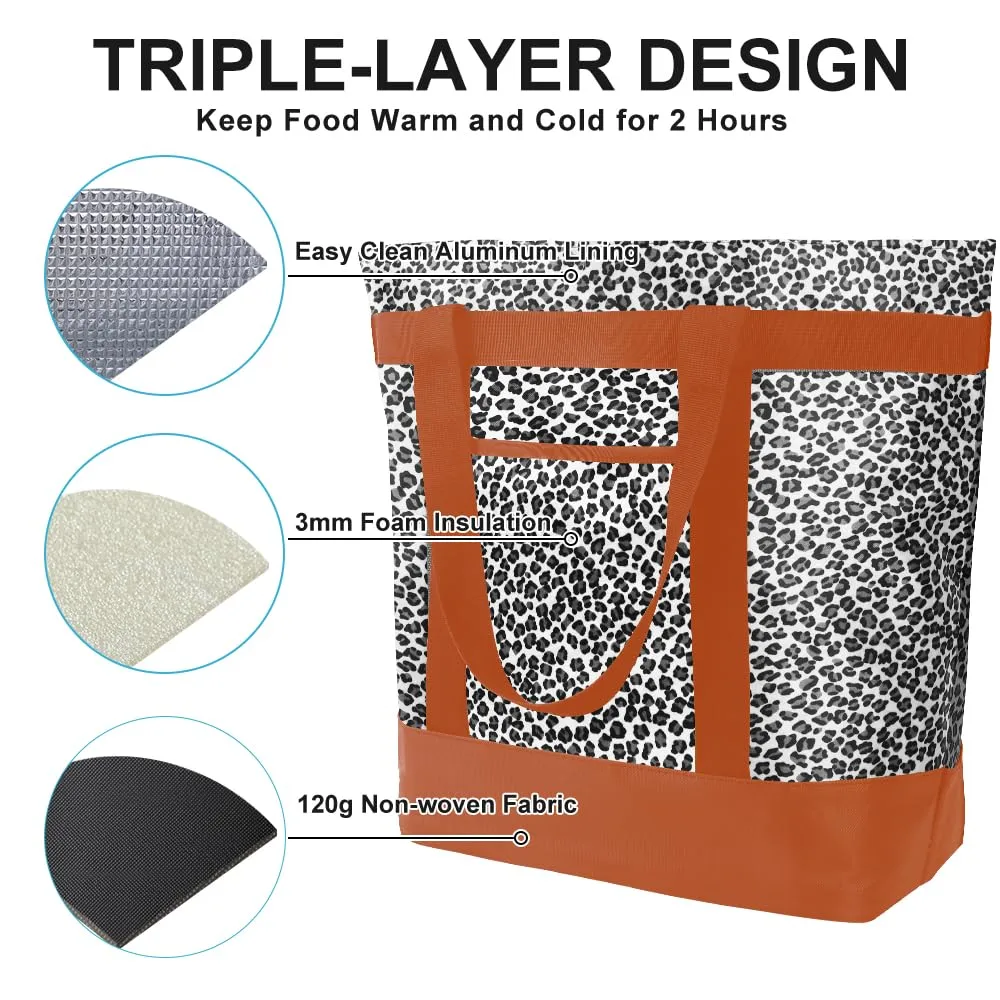Insulated Reusable Tote Bag for Grocery Shopping for Women/Men, Pizza/Food Delivery Bag to Keep Food Cold/Hot for Uber Eats/Doordash/Grubub, Cooler bags for Travel/Beach/Picnic, Cow Print