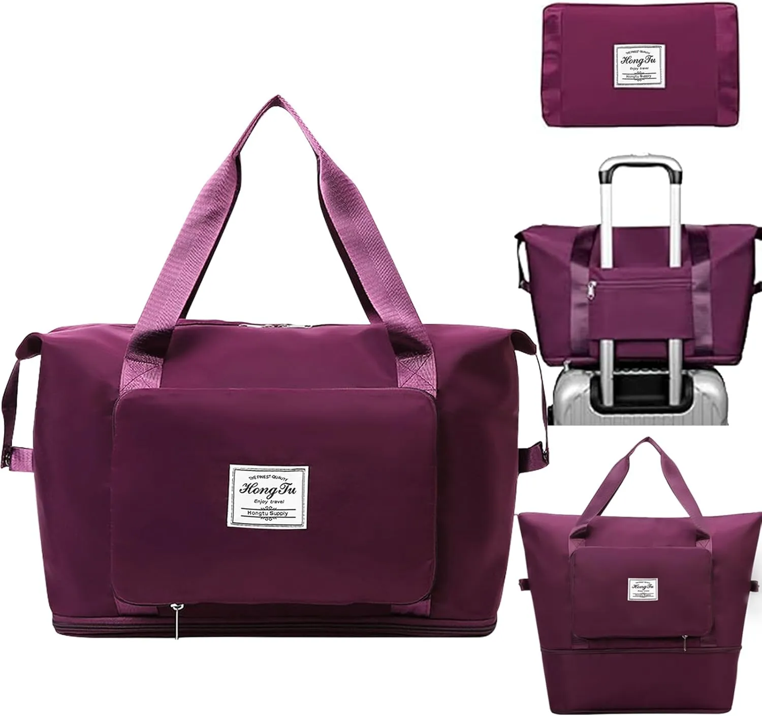INVODA Travel Bag for Women Expandable Weekender Overnight Bag Carry on Sports Tote Gym Bag Waterproof Foldable Duffel Bag (Fuchsia)