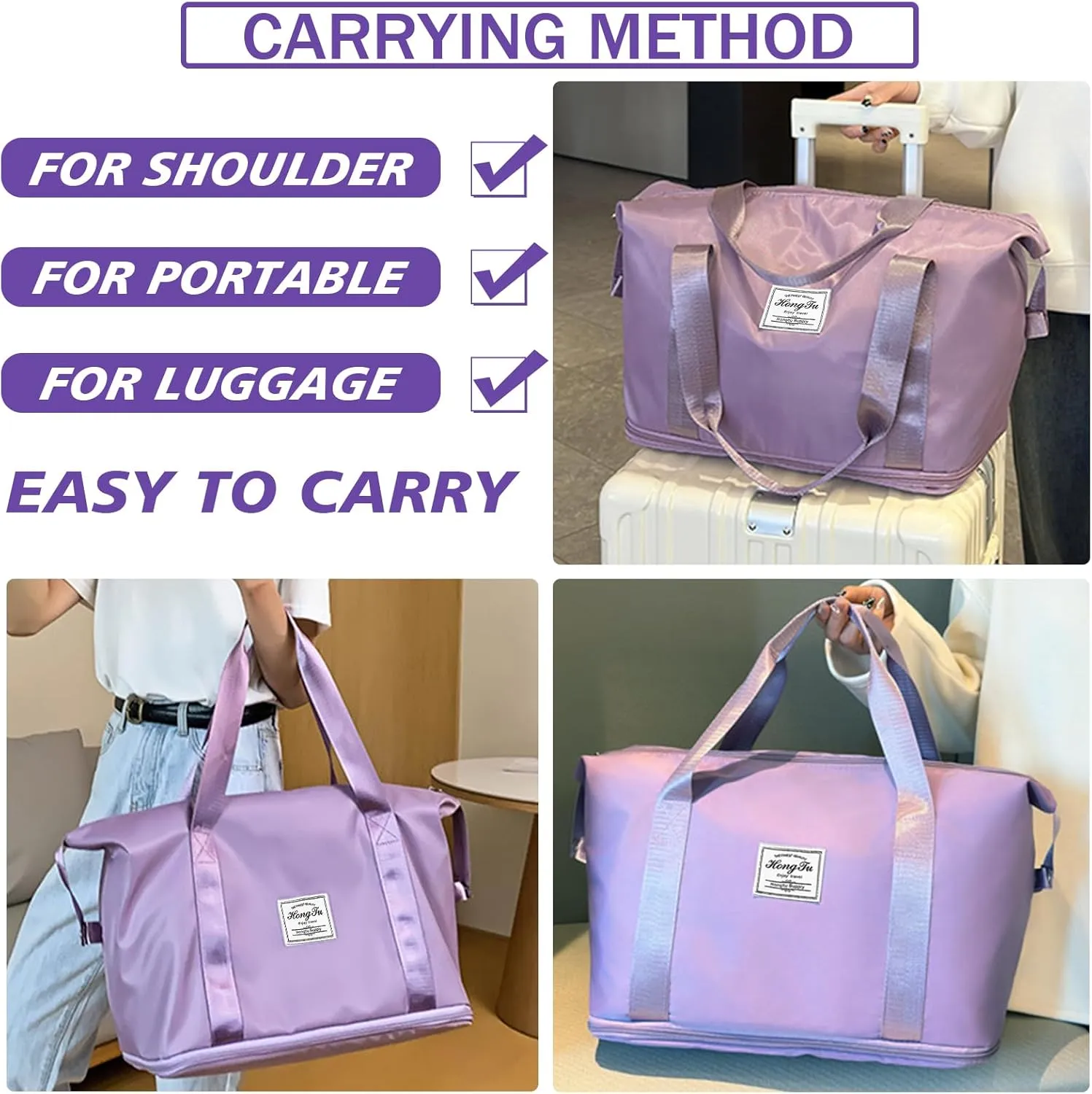 INVODA Travel Duffel Bag For Women and Men Waterproof Expandable Weekender Overnight Carry On Tote Bag Dry Wet Separation Swim Sports Travel Gym Bag (Purple)