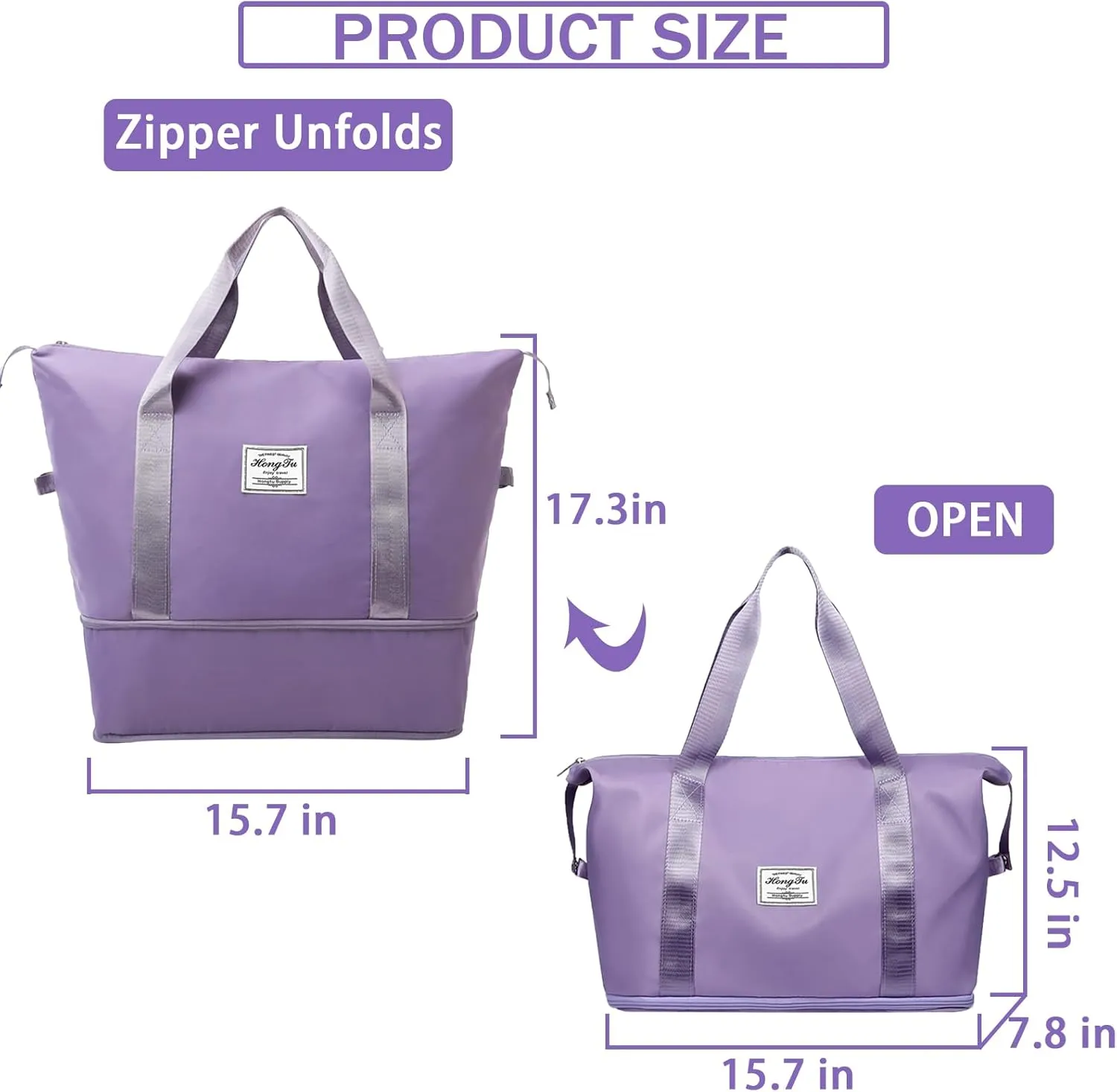 INVODA Travel Duffel Bag For Women and Men Waterproof Expandable Weekender Overnight Carry On Tote Bag Dry Wet Separation Swim Sports Travel Gym Bag (Purple)