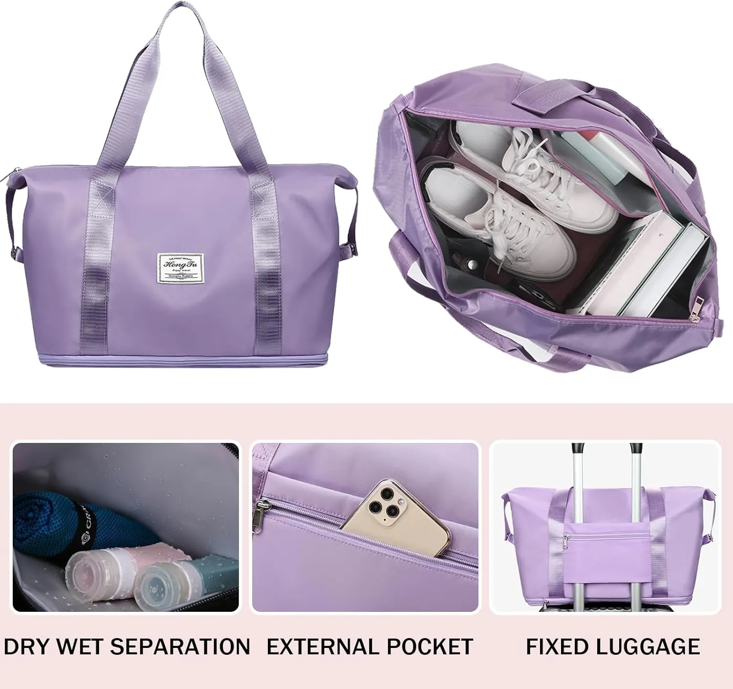 INVODA Travel Duffel Bag For Women and Men Waterproof Expandable Weekender Overnight Carry On Tote Bag Dry Wet Separation Swim Sports Travel Gym Bag (Purple)