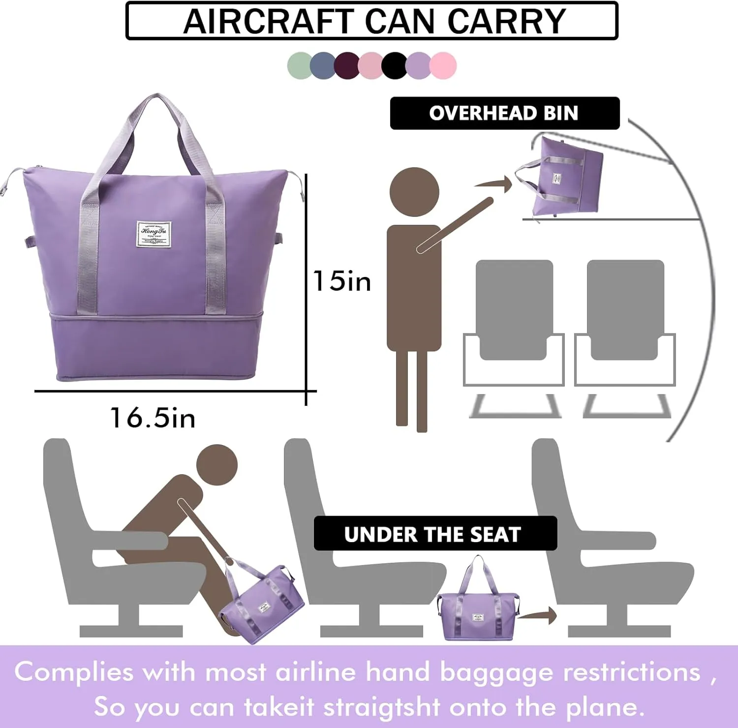 INVODA Travel Duffel Bag For Women and Men Waterproof Expandable Weekender Overnight Carry On Tote Bag Dry Wet Separation Swim Sports Travel Gym Bag (Purple)