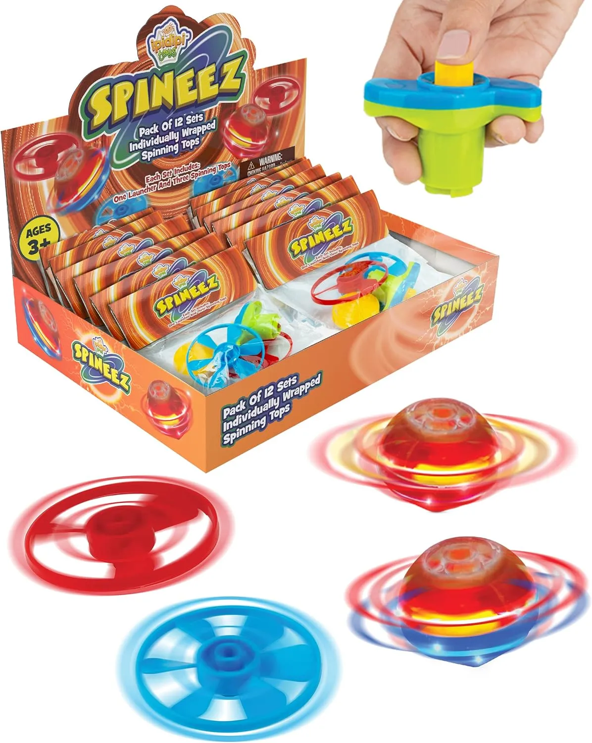IPIDIPI TOYS Light Up Spinning Tops and Flying Saucer Disc - UFO Light Up Spinner - Kids Party Favors, School Prize Box Toys, Goodie Bag Fillers - Orange, Pack of 12