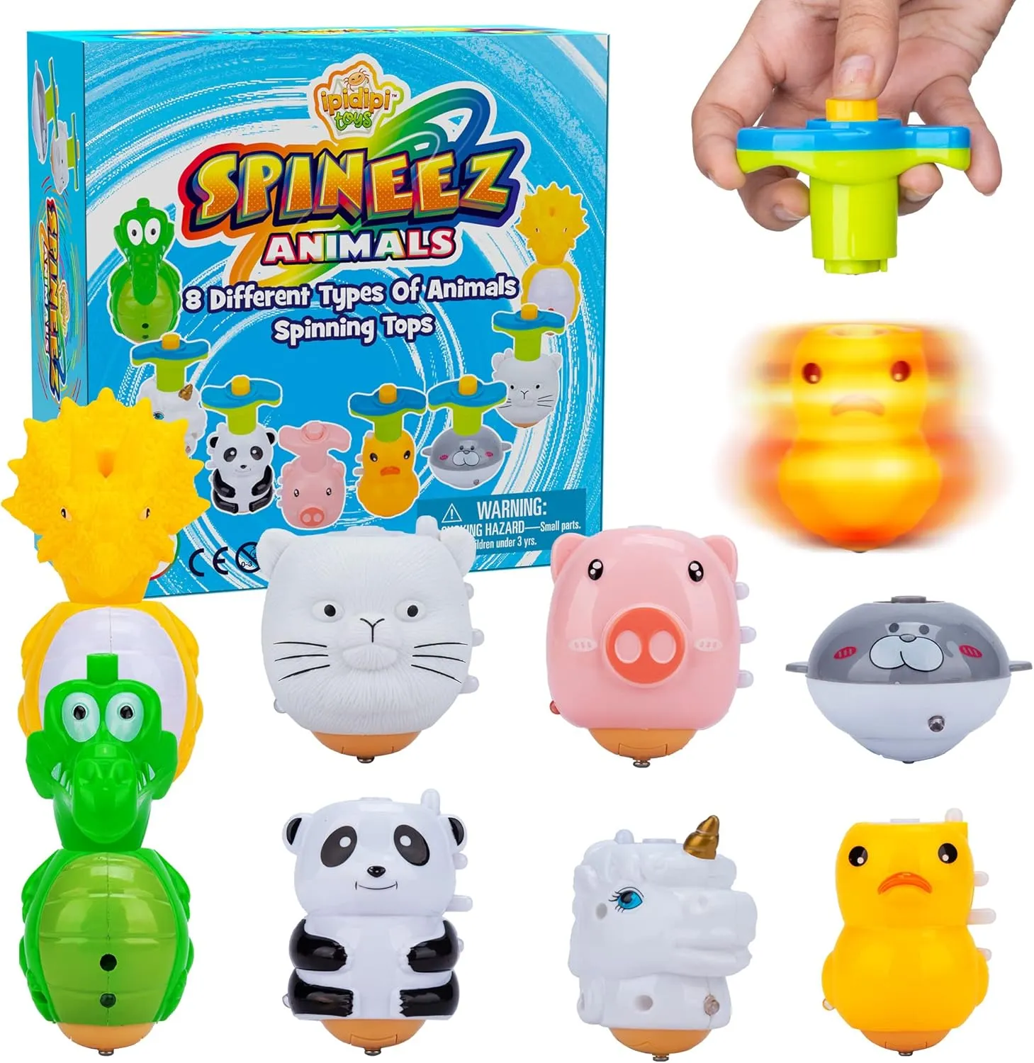IPIDIPI TOYS Light Up Spinning Tops for Kids - Animal Light Up Spinner - Gift Bag Toys for Kids Party Favors, Stocking Stuffers, School Prize Box, Birthday Goodie Bag Fillers - Pack of 8