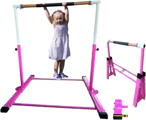 Iron Bar Gymnastics Bar Kids Horizontal Kip Bar for Gymnasts Junior Training Expandable/Folding, Heavy Duty Jungle Gym Exercise Bar for Children/Adults, Adjustable Height 3 to 5 FT Gymnastic Bar, PINK