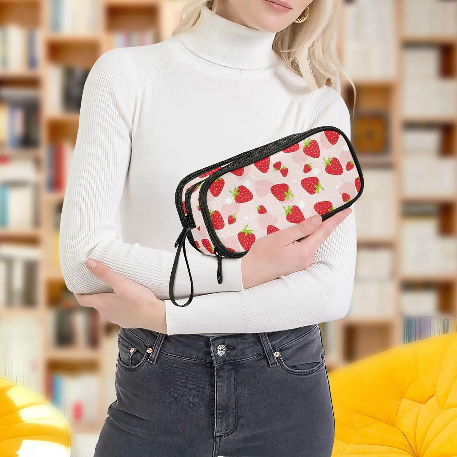 J JOYSAY Fruits Strawberry Pencil Case Large Big Capacity Pencil Bag for Girls Boys Zipper Stationery Bag Storage Pen Pouch for Adults Business Office