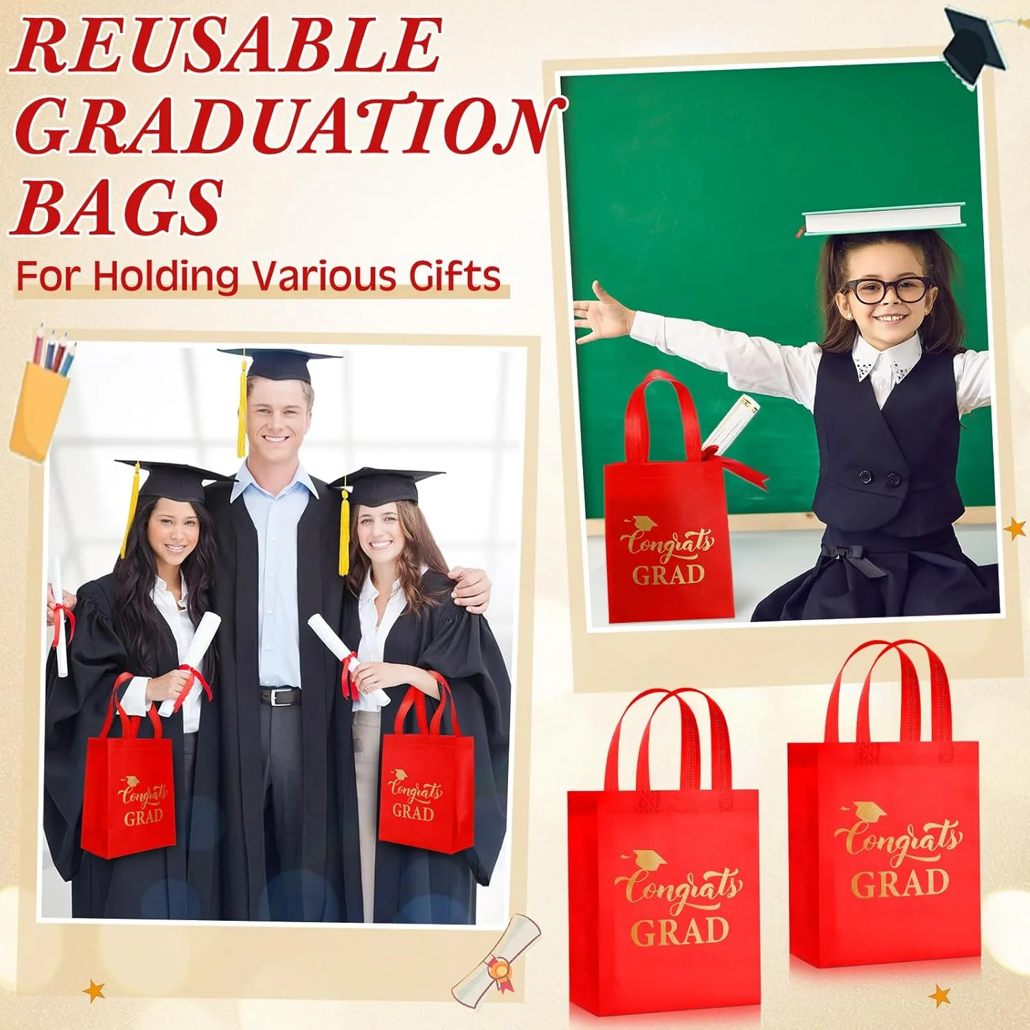 JaGely 30 Pcs Graduation Gift Bags with Handles Reusable Non Woven Congrats Grad Tote Bags Graduation Party Favor for College High School Graduate Decoration