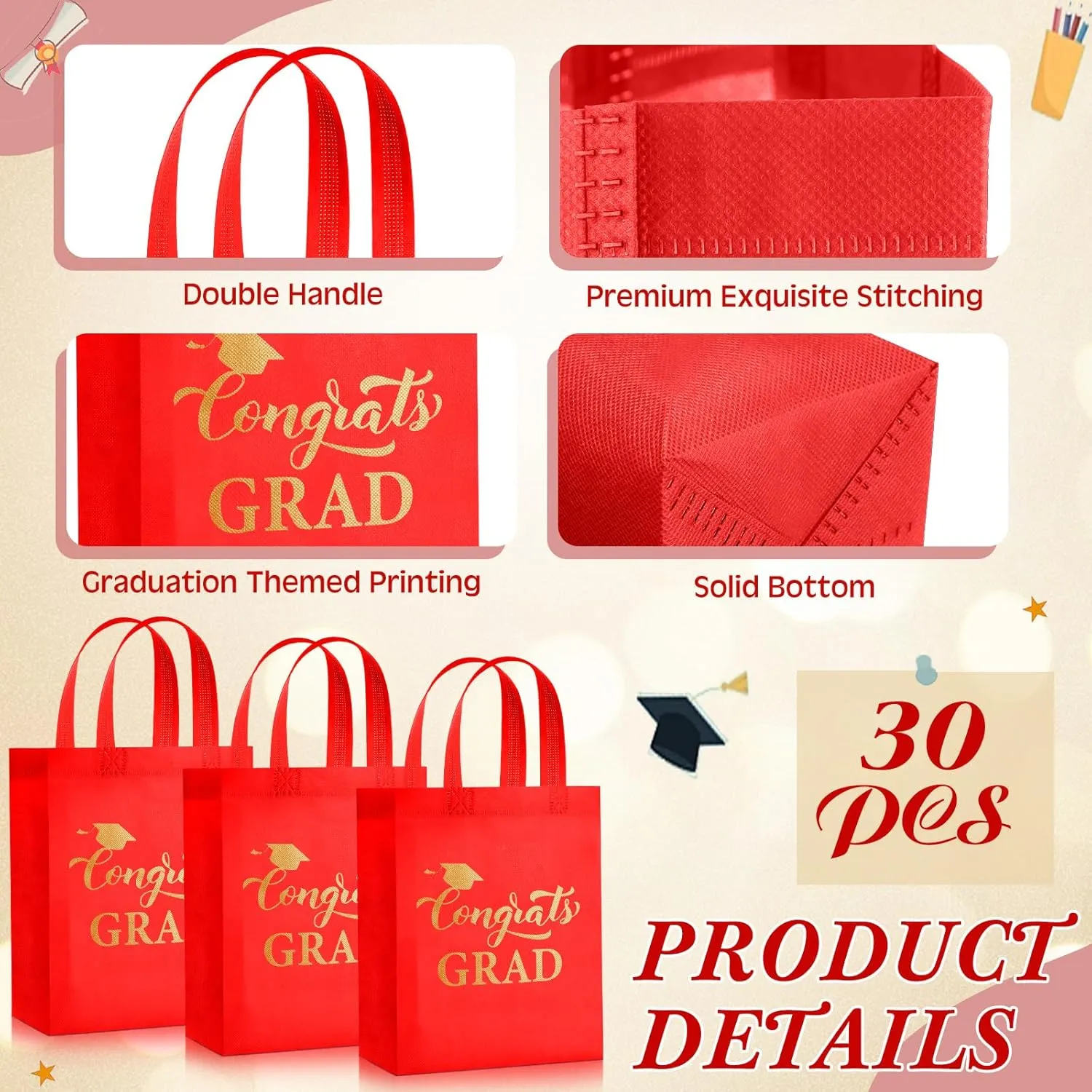 JaGely 30 Pcs Graduation Gift Bags with Handles Reusable Non Woven Congrats Grad Tote Bags Graduation Party Favor for College High School Graduate Decoration