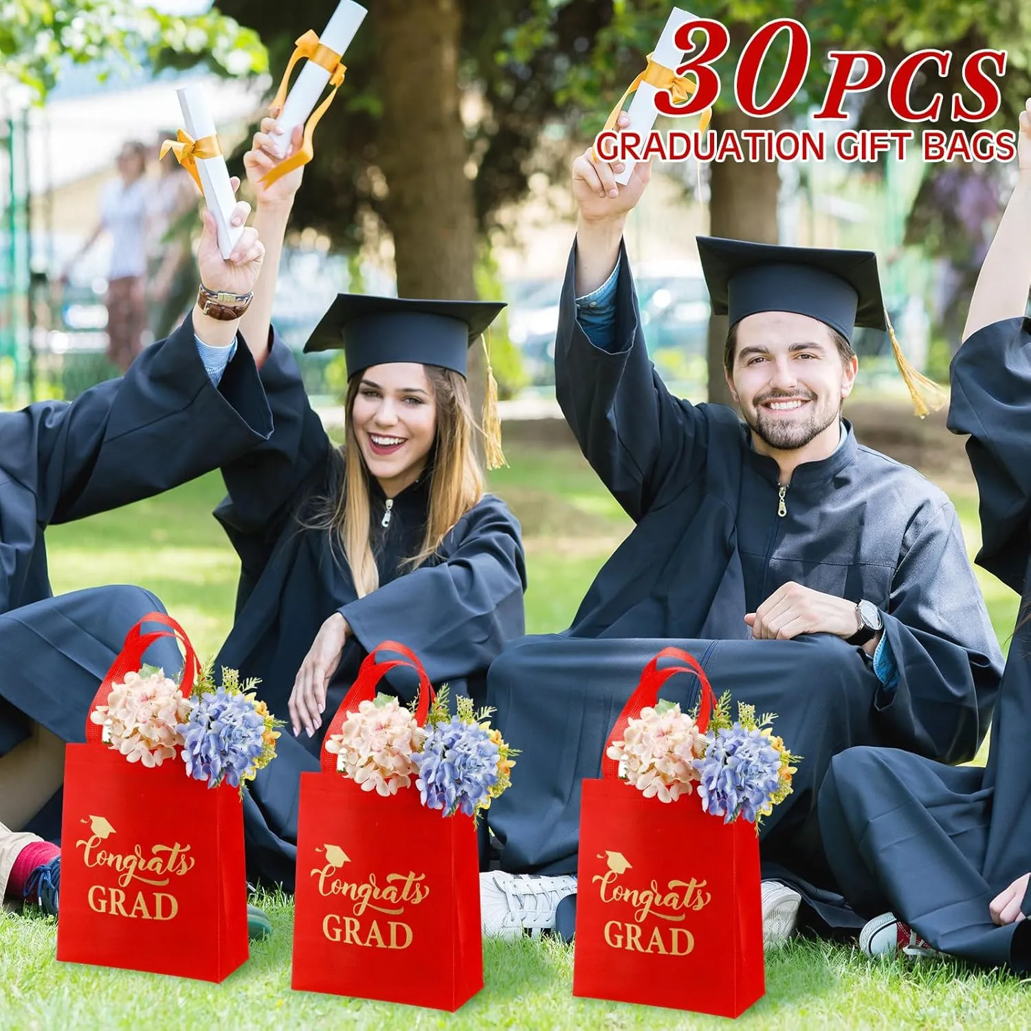 JaGely 30 Pcs Graduation Gift Bags with Handles Reusable Non Woven Congrats Grad Tote Bags Graduation Party Favor for College High School Graduate Decoration