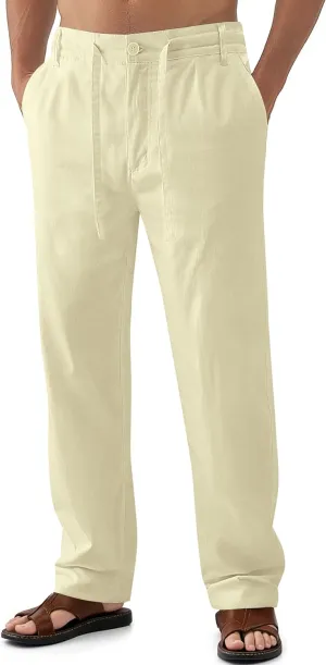 Janmid Men's Linen Pants Casual Elastic Waist Drawstring Yoga Beach Trousers