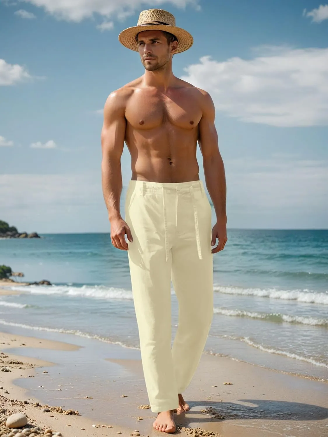 Janmid Men's Linen Pants Casual Elastic Waist Drawstring Yoga Beach Trousers