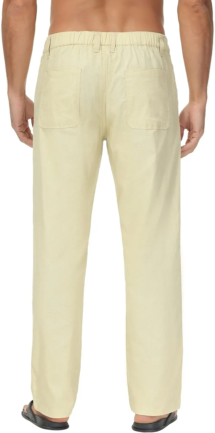 Janmid Men's Linen Pants Casual Elastic Waist Drawstring Yoga Beach Trousers