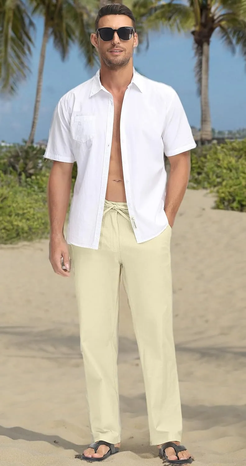 Janmid Men's Linen Pants Casual Elastic Waist Drawstring Yoga Beach Trousers