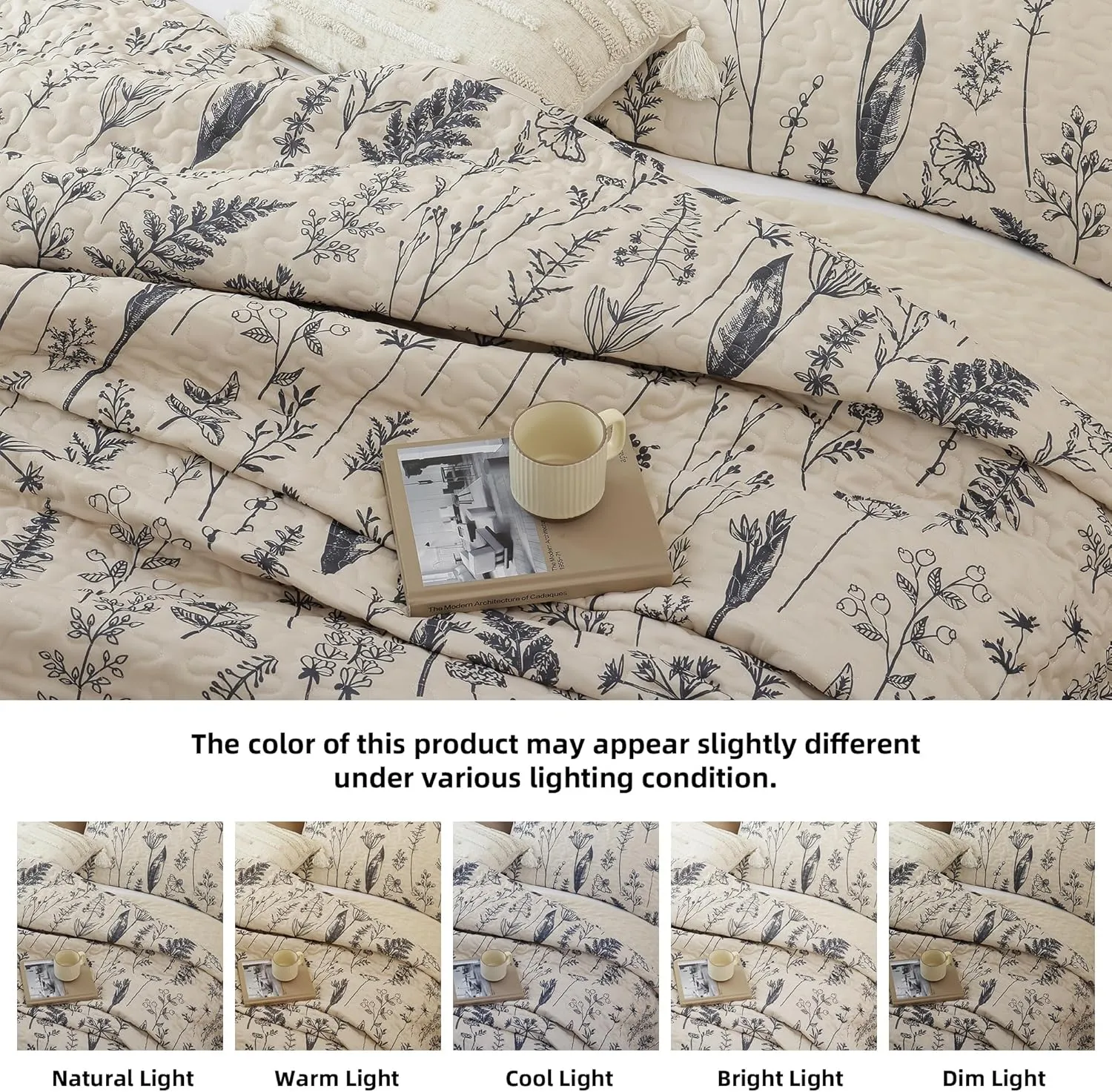 JANZAA Quilts Queen Size Beige Quilt Botanical with Floral Pattern Microfiber Bedspreads Queen Size 3 Pieces Lightweight Comforter Reversible Bedding Set, 1 Quilt 90x90 inches, 2 Pillowcases