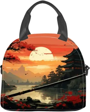 Japanese art the ancient samurai training sword near emperor Insulated Adult Lunch Bag with Shoulder Strap for Women Lightweight Reusable Portable Freezable Lunch Tote Bag for Work Picnic