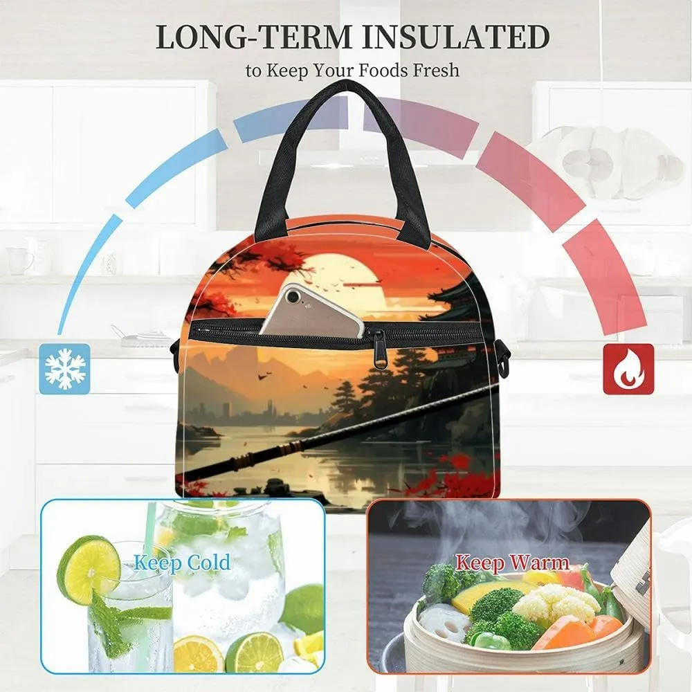 Japanese art the ancient samurai training sword near emperor Insulated Adult Lunch Bag with Shoulder Strap for Women Lightweight Reusable Portable Freezable Lunch Tote Bag for Work Picnic