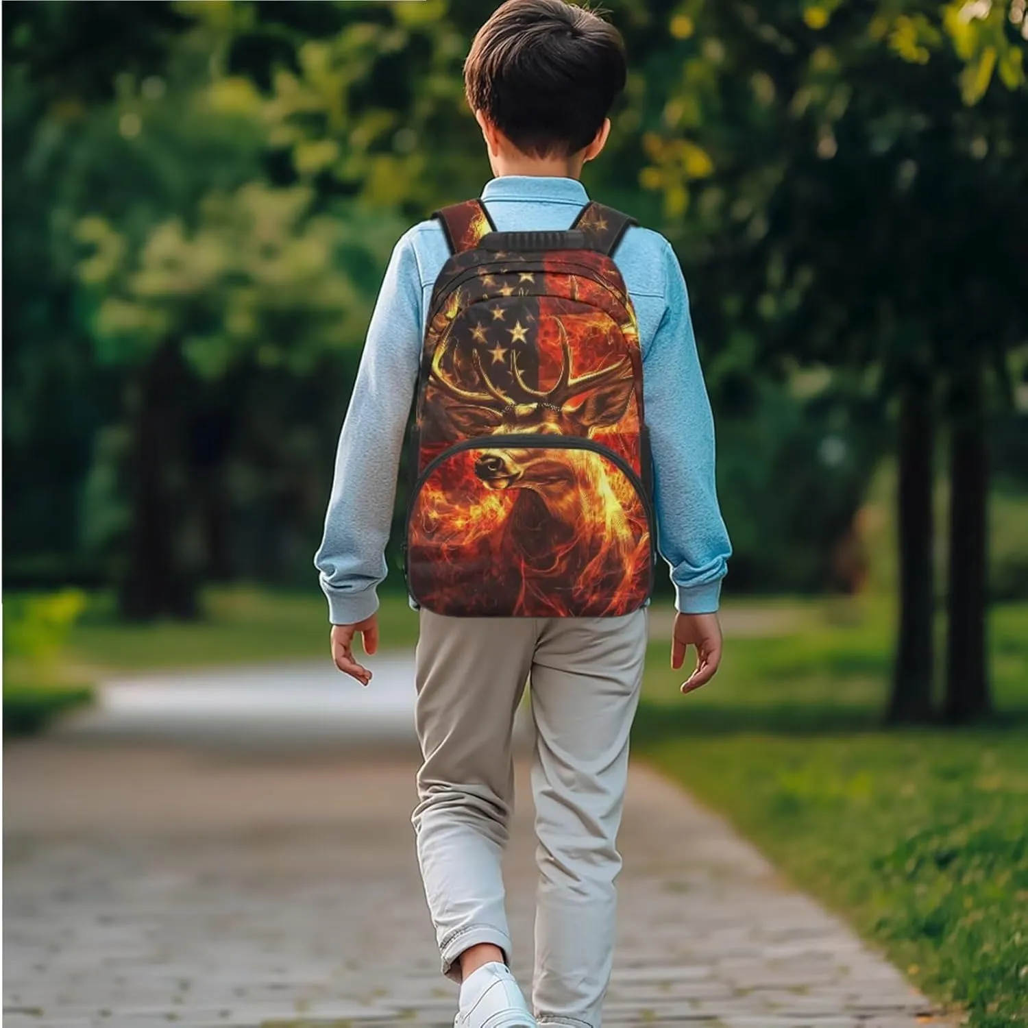 JEOCODY Deer Backpack for Girls American Flag Kids School Bag with Lunch Bag Pencil Case and Water Bottle Holder Casual Boys Daypack for Travel Hiking, Back to School Accessories