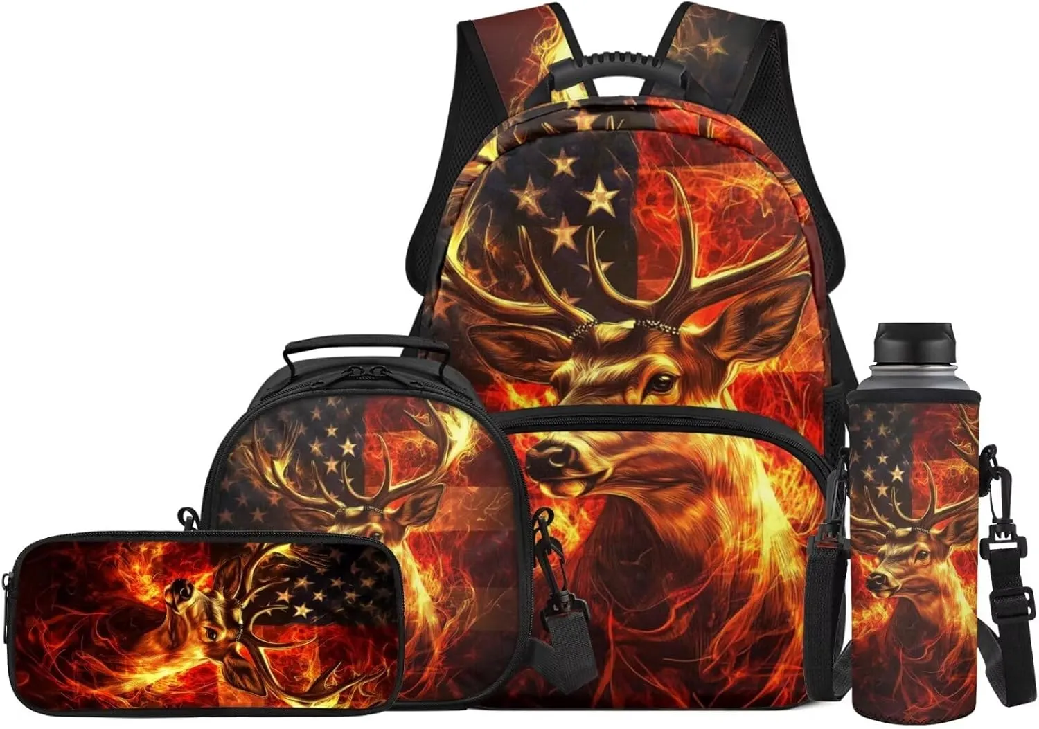 JEOCODY Deer Backpack for Girls American Flag Kids School Bag with Lunch Bag Pencil Case and Water Bottle Holder Casual Boys Daypack for Travel Hiking, Back to School Accessories
