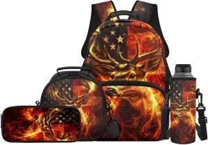 JEOCODY Deer Backpack for Girls American Flag Kids School Bag with Lunch Bag Pencil Case and Water Bottle Holder Casual Boys Daypack for Travel Hiking, Back to School Accessories
