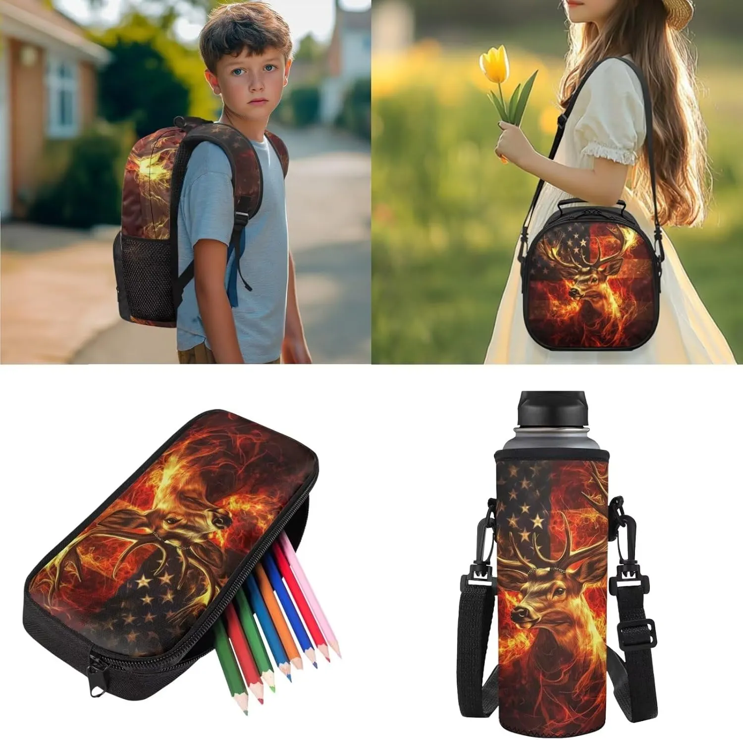 JEOCODY Deer Backpack for Girls American Flag Kids School Bag with Lunch Bag Pencil Case and Water Bottle Holder Casual Boys Daypack for Travel Hiking, Back to School Accessories