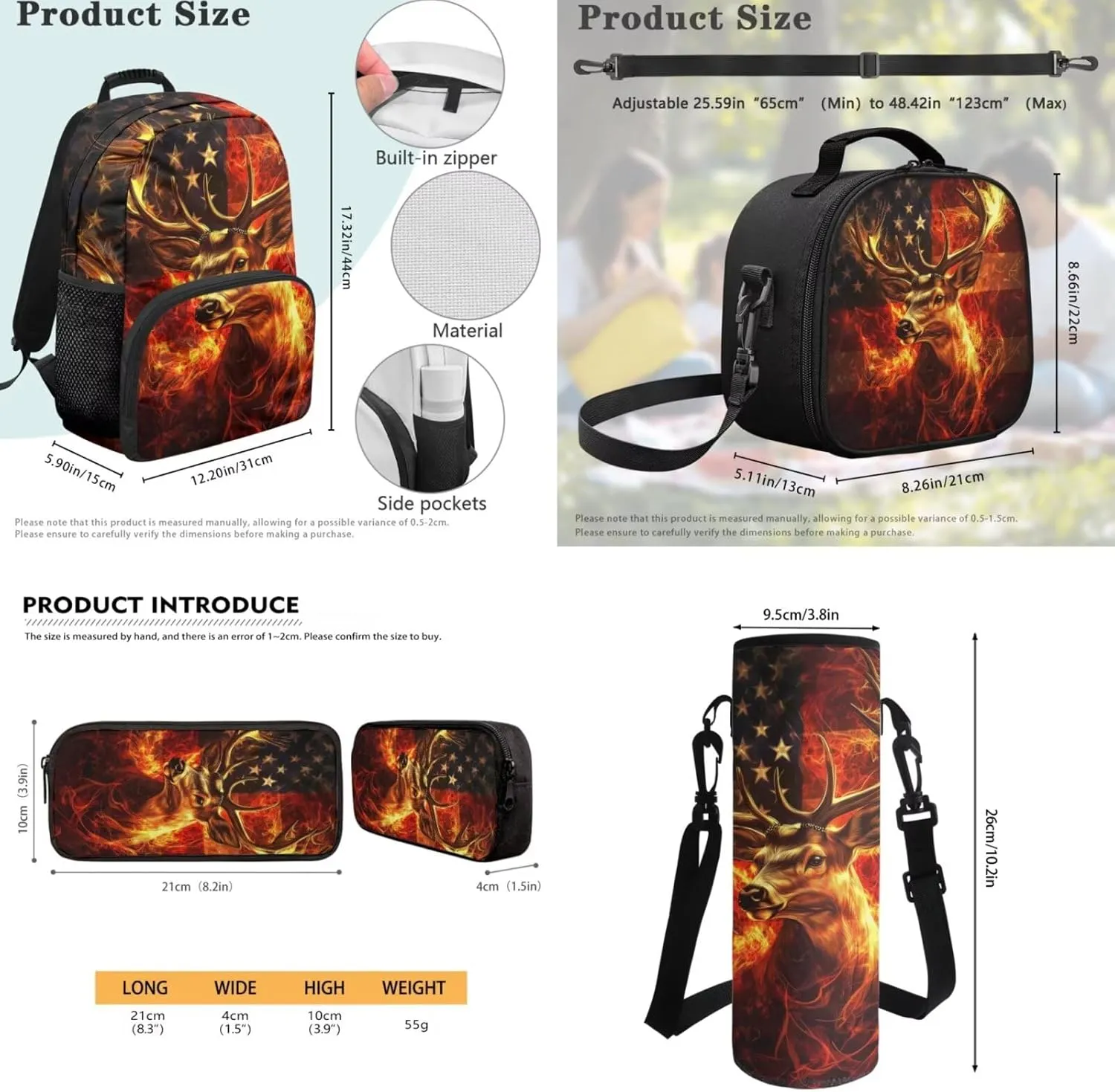 JEOCODY Deer Backpack for Girls American Flag Kids School Bag with Lunch Bag Pencil Case and Water Bottle Holder Casual Boys Daypack for Travel Hiking, Back to School Accessories