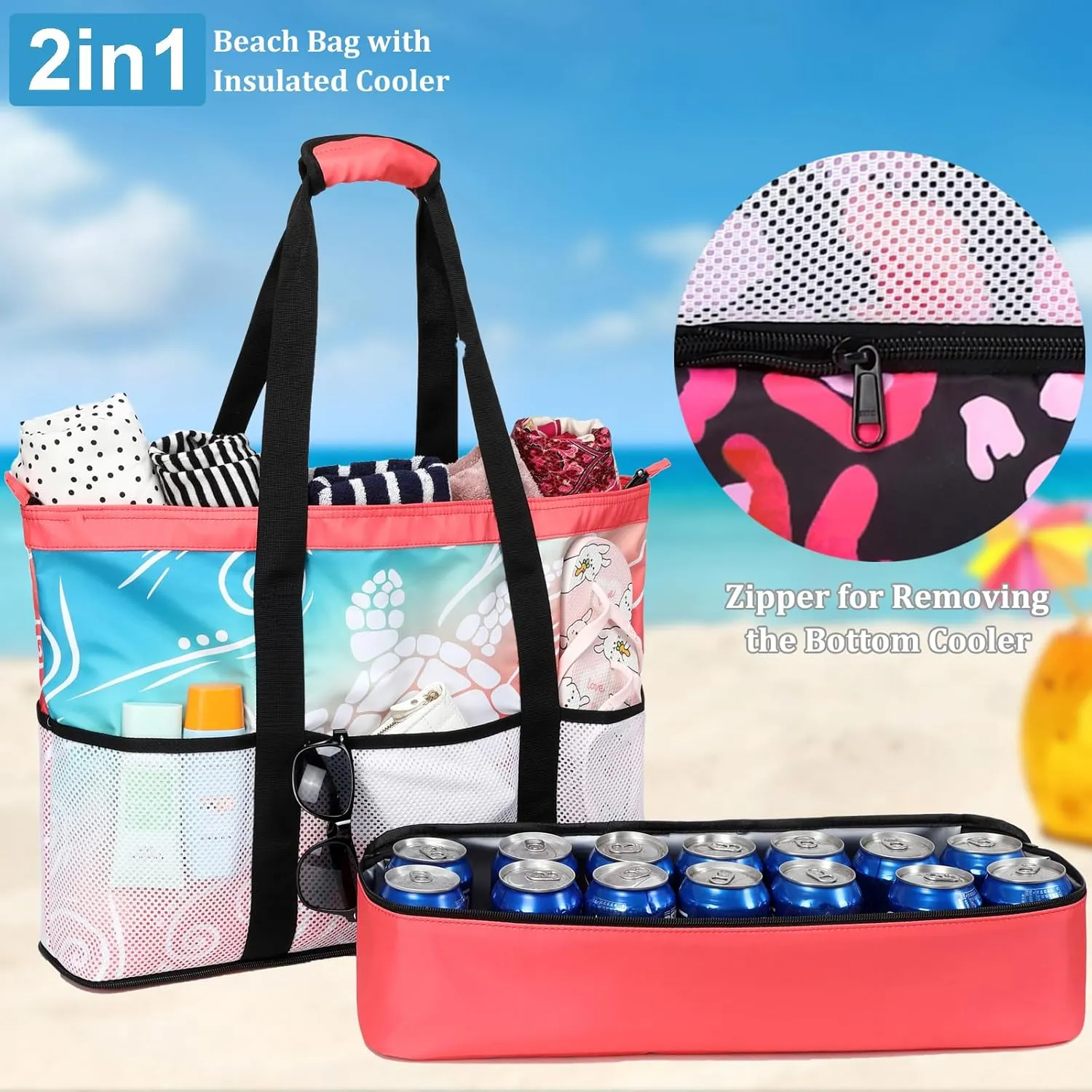 JIANYA Beach Bag Women Waterproof Sandproof Beach Tote Bags with Cooler Top Zipper Large Totes for Pool Travel Daily