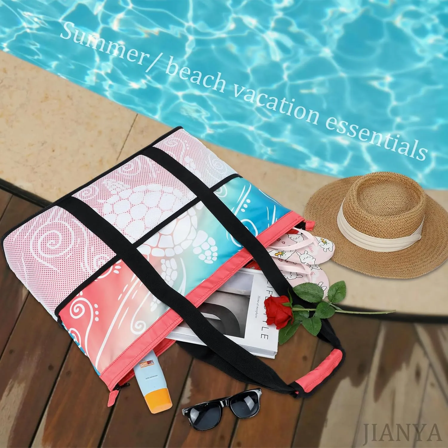 JIANYA Beach Bag Women Waterproof Sandproof Beach Tote Bags with Cooler Top Zipper Large Totes for Pool Travel Daily