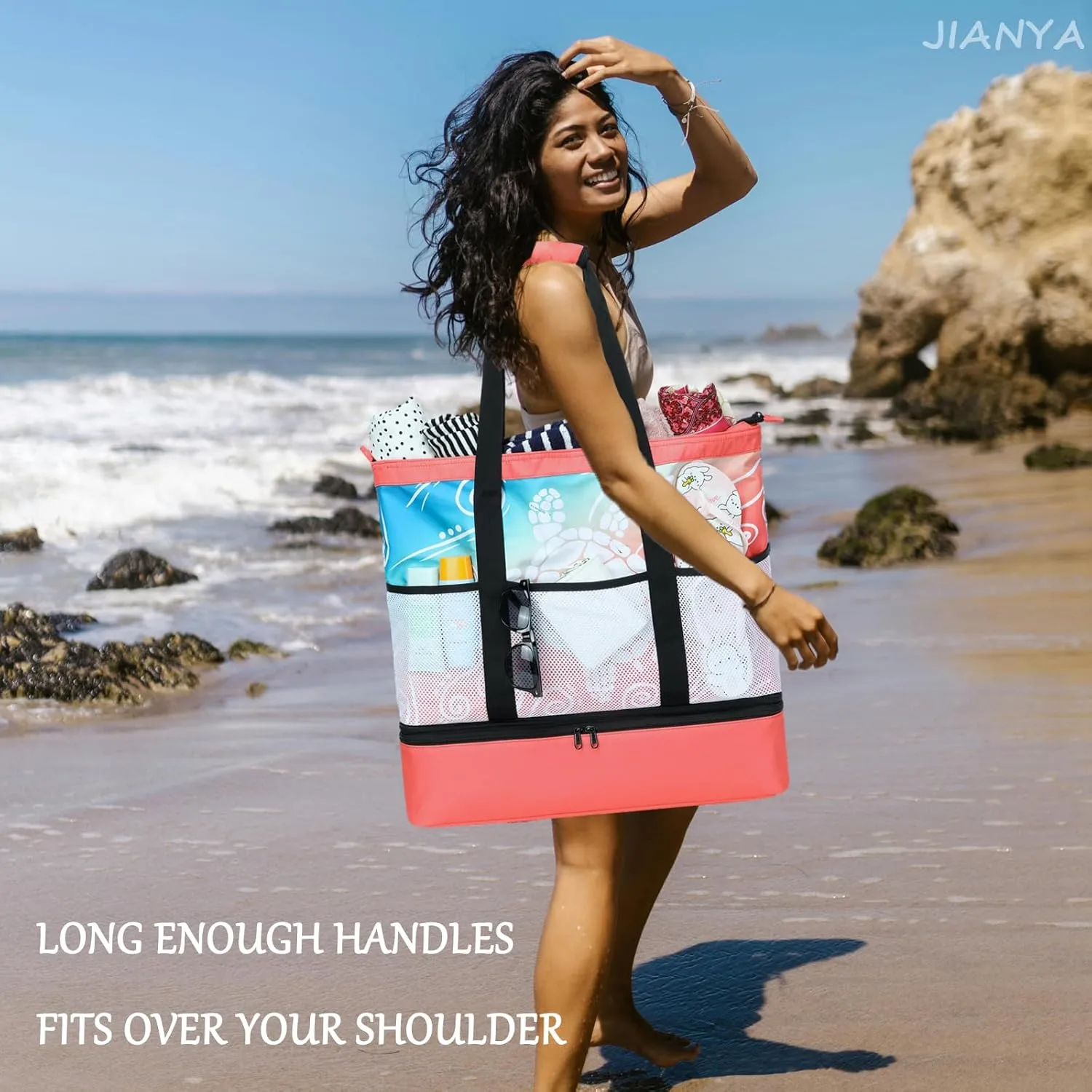 JIANYA Beach Bag Women Waterproof Sandproof Beach Tote Bags with Cooler Top Zipper Large Totes for Pool Travel Daily