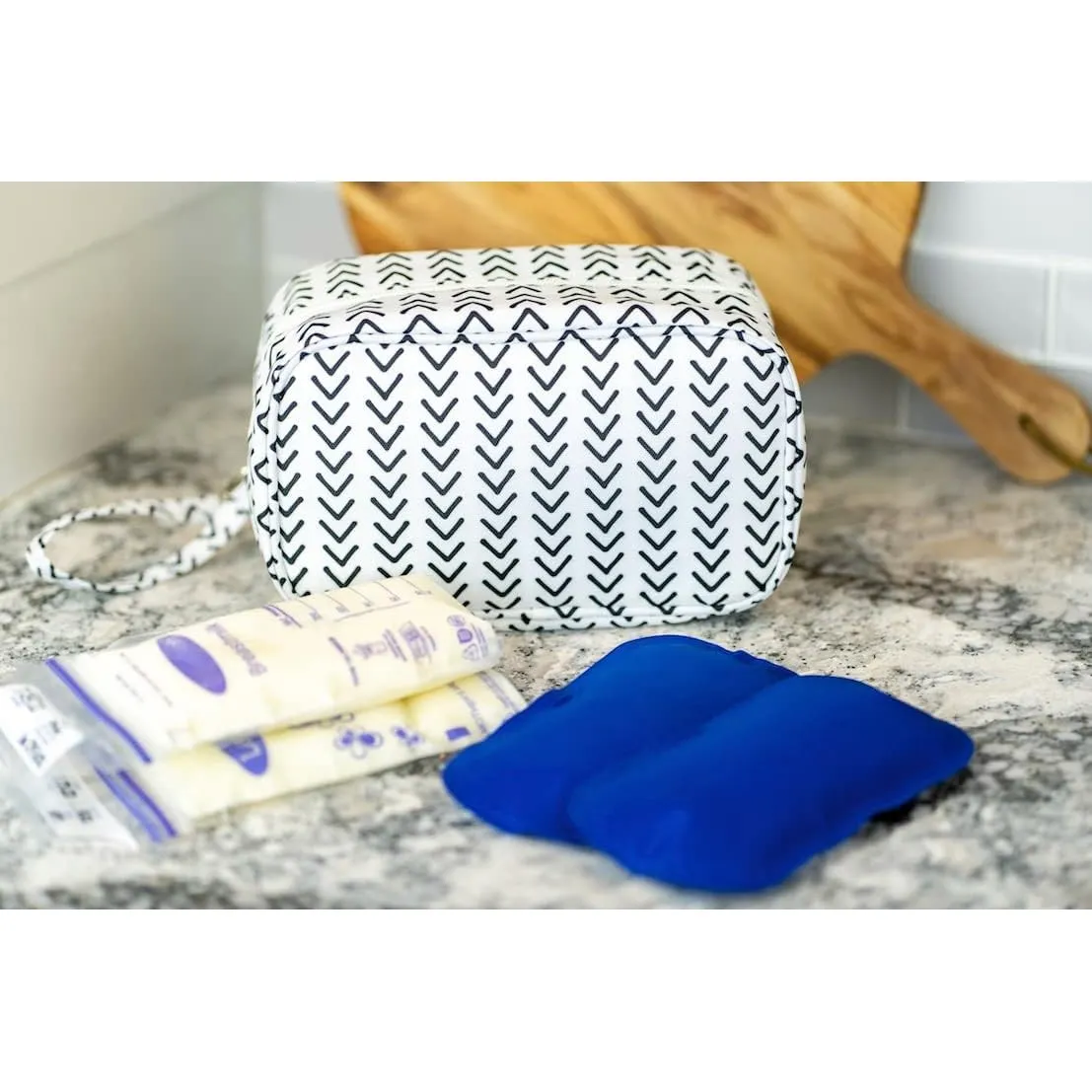 Jomaco Breastmilk Cooler Bag with Ice Pack - Waterproof and Insulated Breast Milk Travel Small Stylish Herringbone Storage Detachable Wrist Strap, White Black