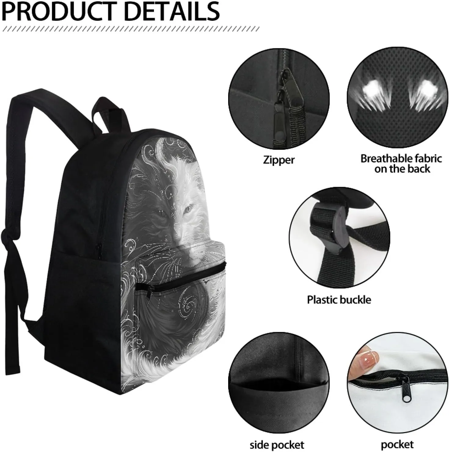JooMeryer Galaxy Cat Print Backpack Bags for Boys Girls Kids Aniaml School Bags Casual Shoulder Bag Travel Daypack Knapsack,Black White Cat 2