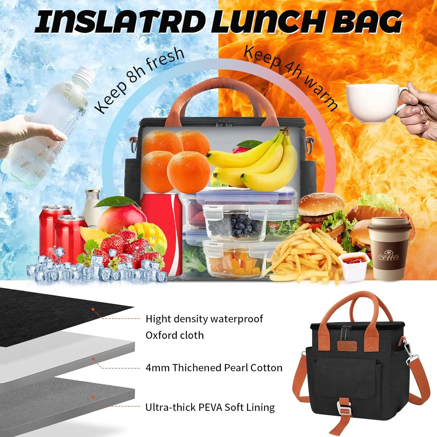 Joymee Insulated Lunch Bag for Women/Men, Waterproof Lunch Box for Office Work Picnic Beach, Reusable Large Leakproof Cooler Tote Bag with Adjustable Shoulder Strap & Side Pocket, Black